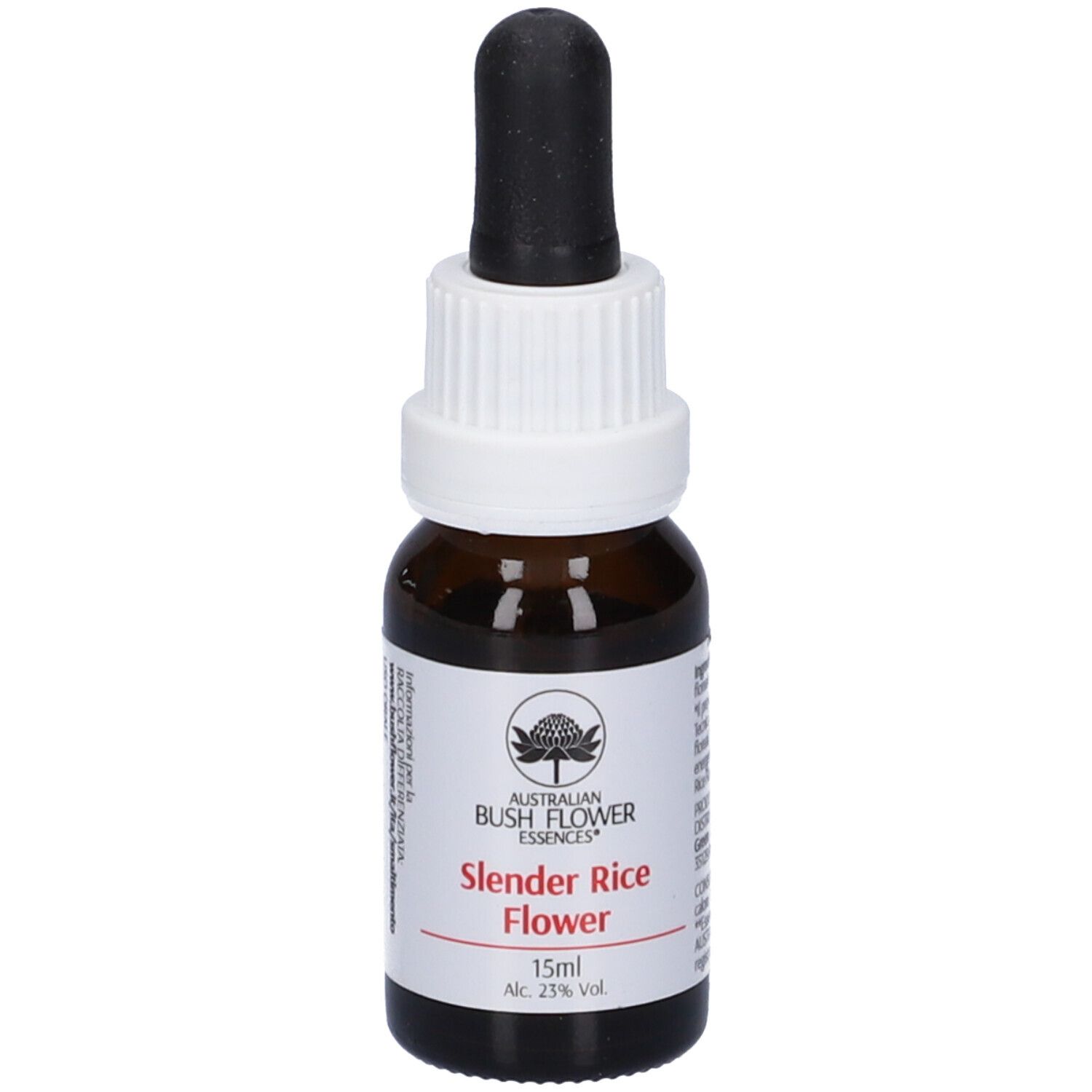 Flacone di vetro marrone, tappo bianco e contagocce nero. Etichetta con nome, logo e testo. 15ml, 23% Vol.
