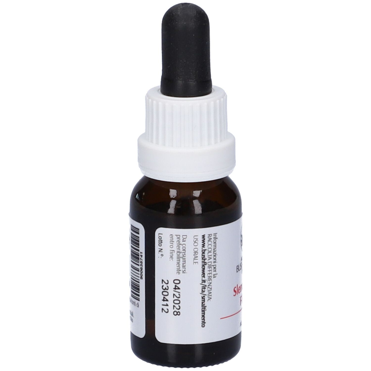 Flacone di vetro marrone, tappo bianco e contagocce nero. Etichetta con nome, logo e testo. 15ml, 23% Vol.