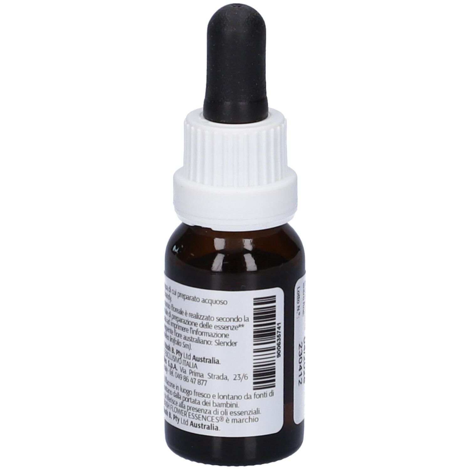 Flacone di vetro marrone, tappo bianco e contagocce nero. Etichetta con nome, logo e testo. 15ml, 23% Vol.