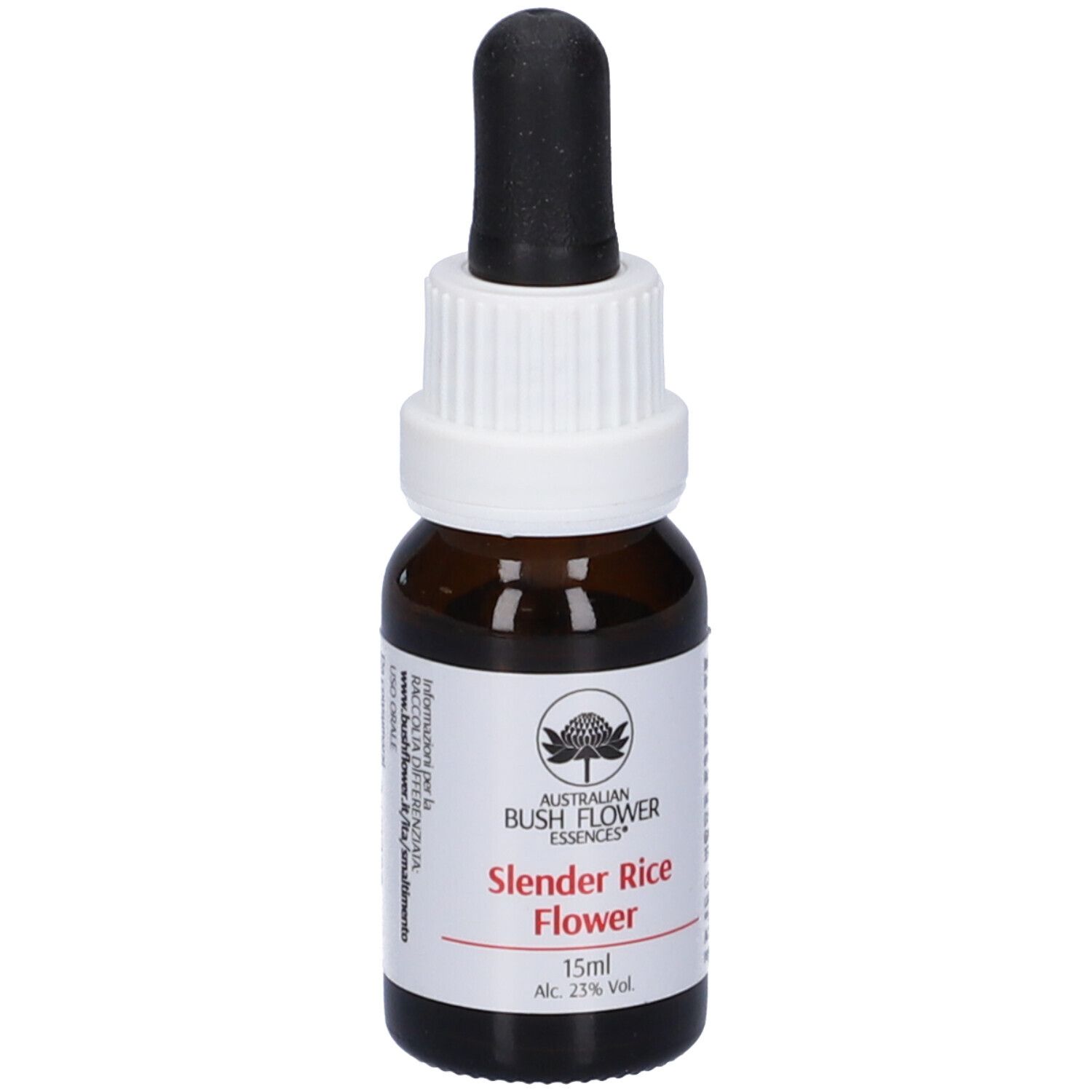 Flacone di vetro marrone, tappo bianco e contagocce nero. Etichetta con nome, logo e testo. 15ml, 23% Vol.