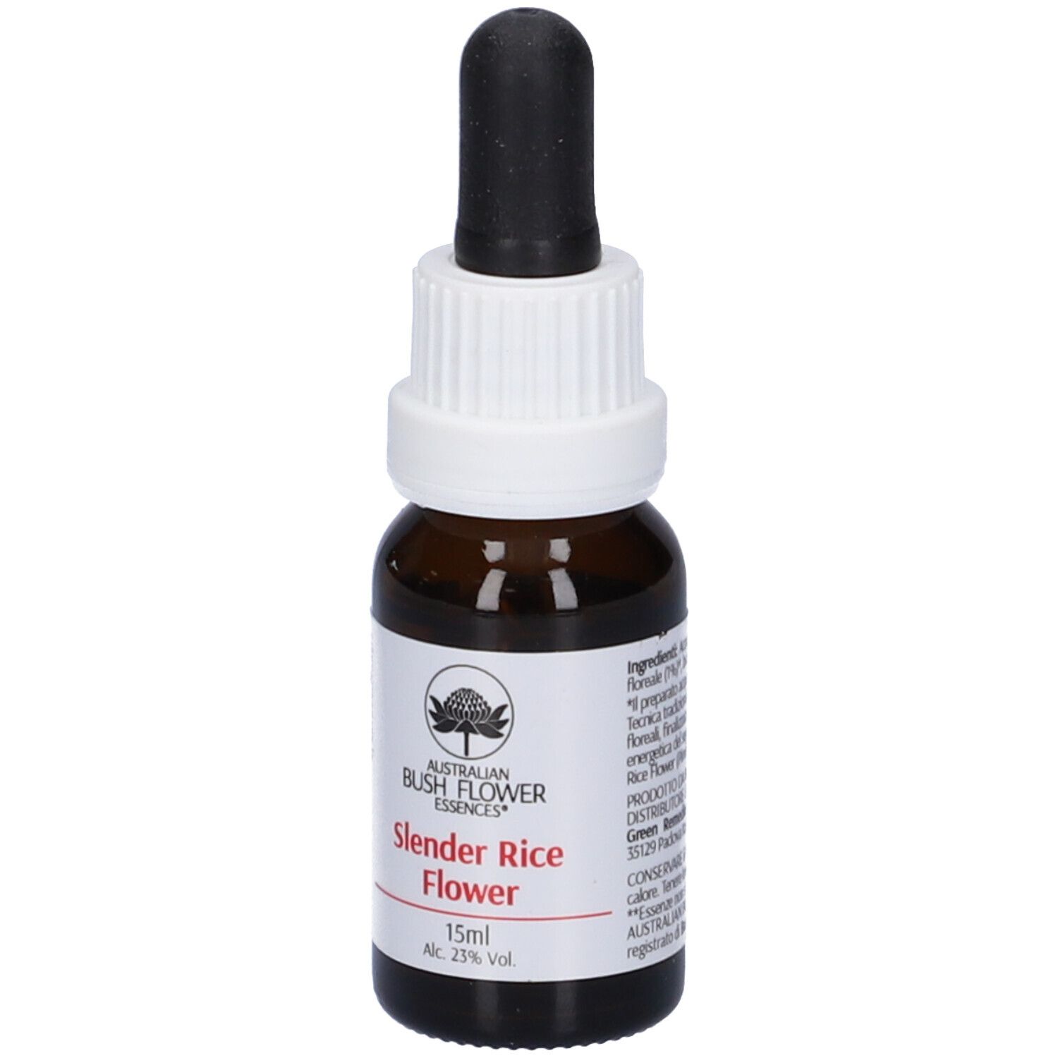 Flacone di vetro marrone, tappo bianco e contagocce nero. Etichetta con nome, logo e testo. 15ml, 23% Vol.