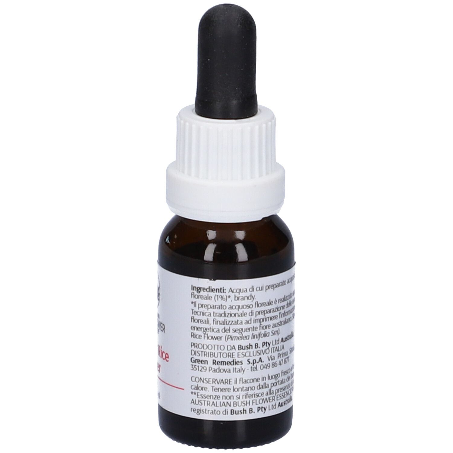 Flacone di vetro marrone, tappo bianco e contagocce nero. Etichetta con nome, logo e testo. 15ml, 23% Vol.