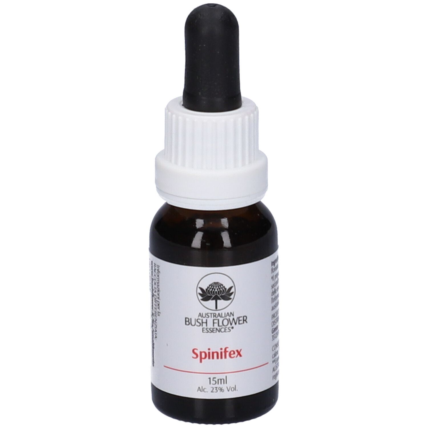Flacone di vetro marrone con contagocce nero. Etichetta bianca con nome e logo. 15ml, 23% alc.