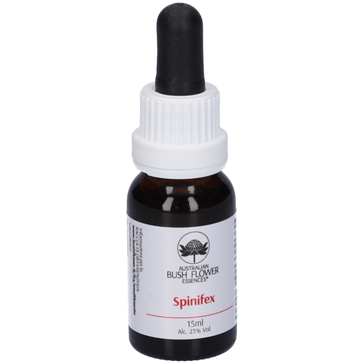 Flacone di vetro marrone con contagocce nero. Etichetta bianca con nome e logo. 15ml, 23% alc.