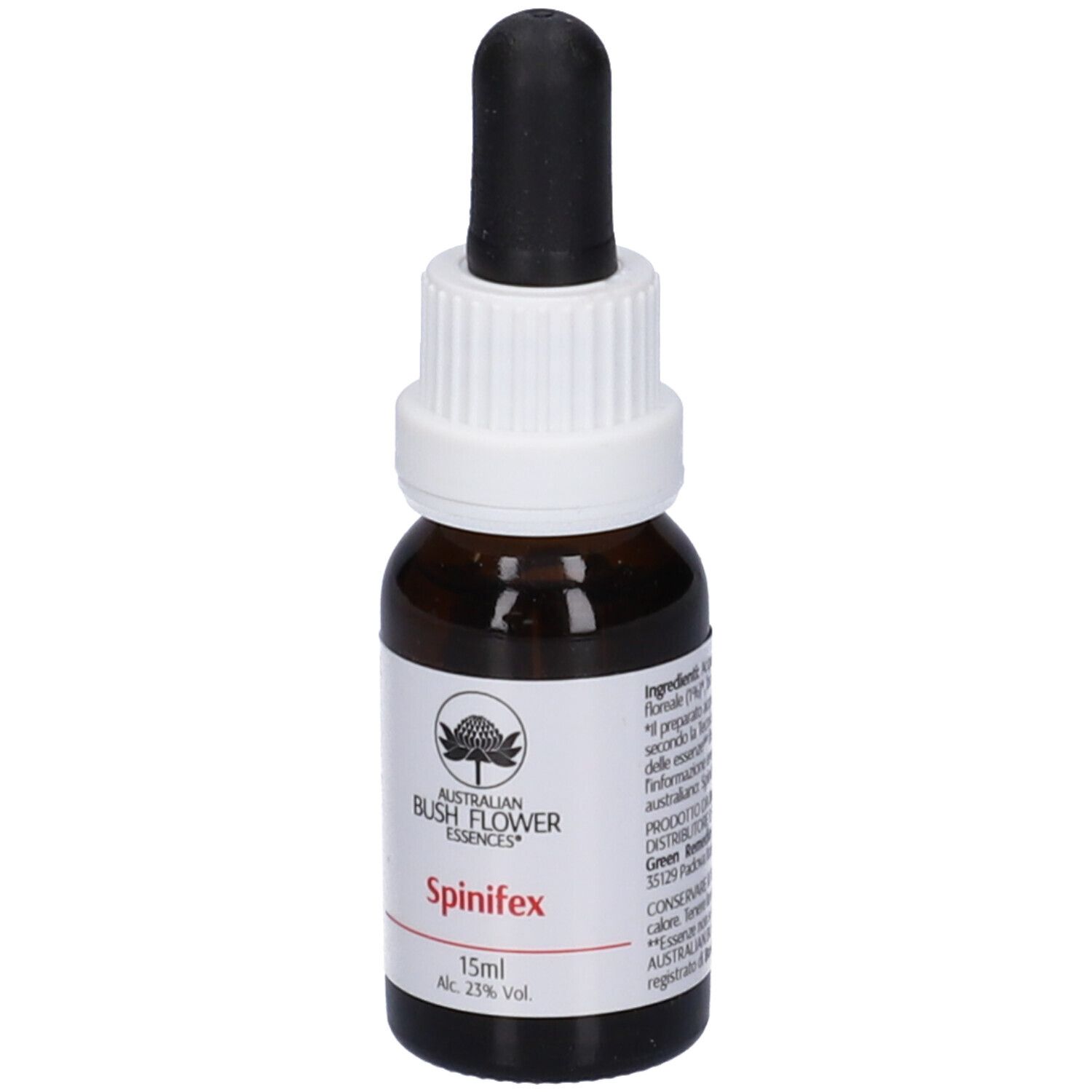 Flacone di vetro marrone con contagocce nero. Etichetta bianca con nome e logo. 15ml, 23% alc.