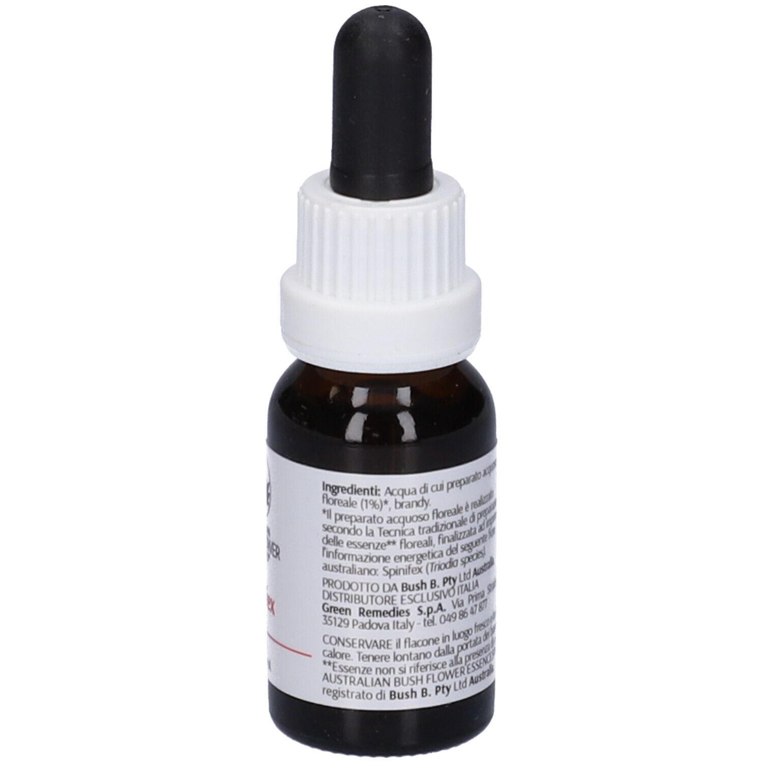 Flacone di vetro marrone con contagocce nero. Etichetta bianca con nome e logo. 15ml, 23% alc.