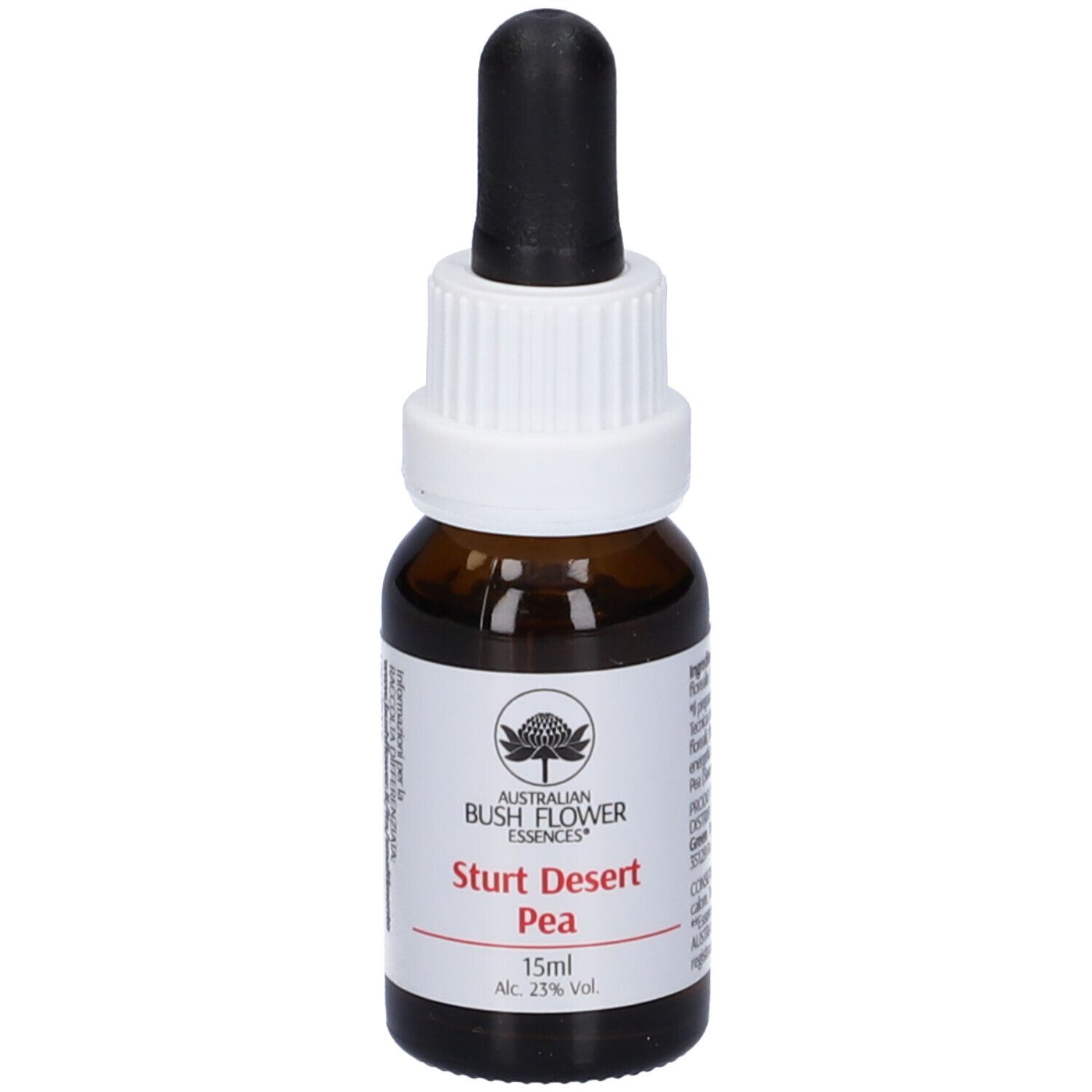Flacone di vetro marrone con contagocce nero. Etichetta con nome prodotto: Sturt Desert Pea. 15ml, 23% vol.