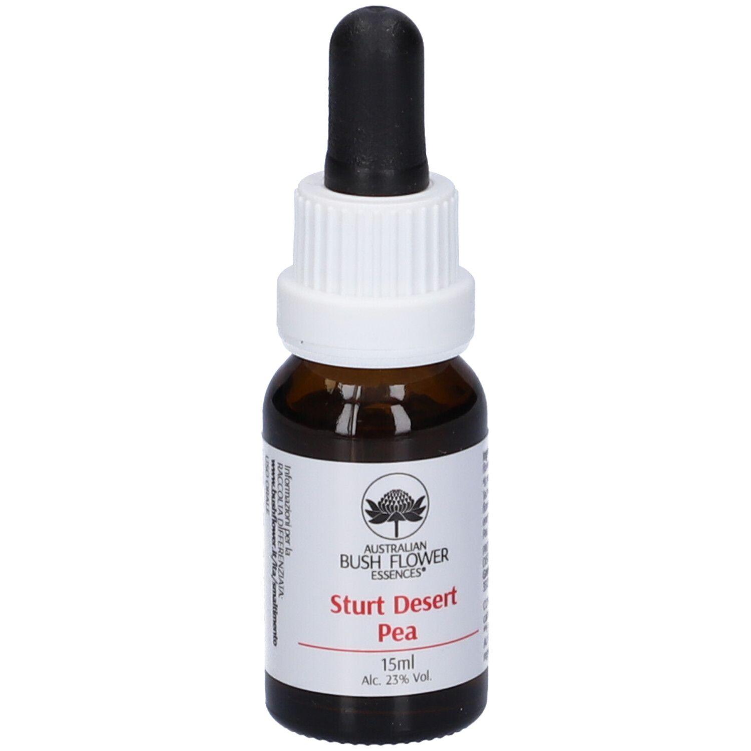 Flacone di vetro marrone con contagocce nero. Etichetta con nome prodotto: Sturt Desert Pea. 15ml, 23% vol.