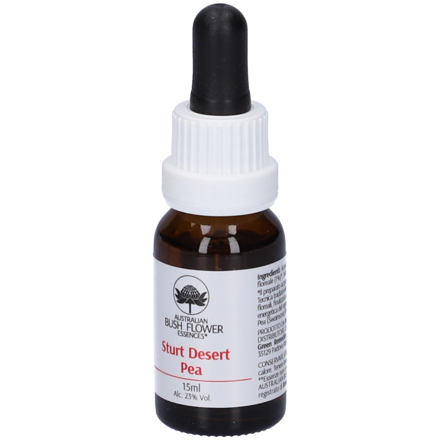 Flacone di vetro marrone con contagocce nero. Etichetta con nome prodotto: Sturt Desert Pea. 15ml, 23% vol.