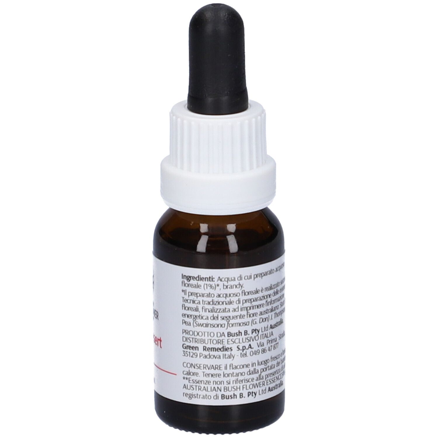 Flacone di vetro marrone con contagocce nero. Etichetta con informazioni prodotto e ingredienti. Informazioni produttore.
