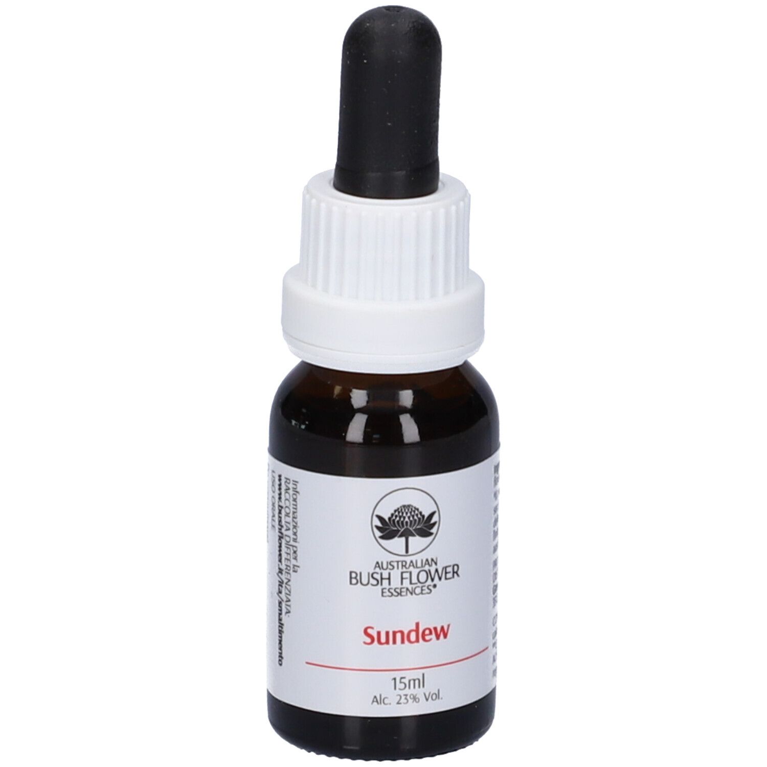 Flacone di vetro marrone con tappo bianco e contagocce nero. Etichetta con nome del prodotto Sundew e logo.