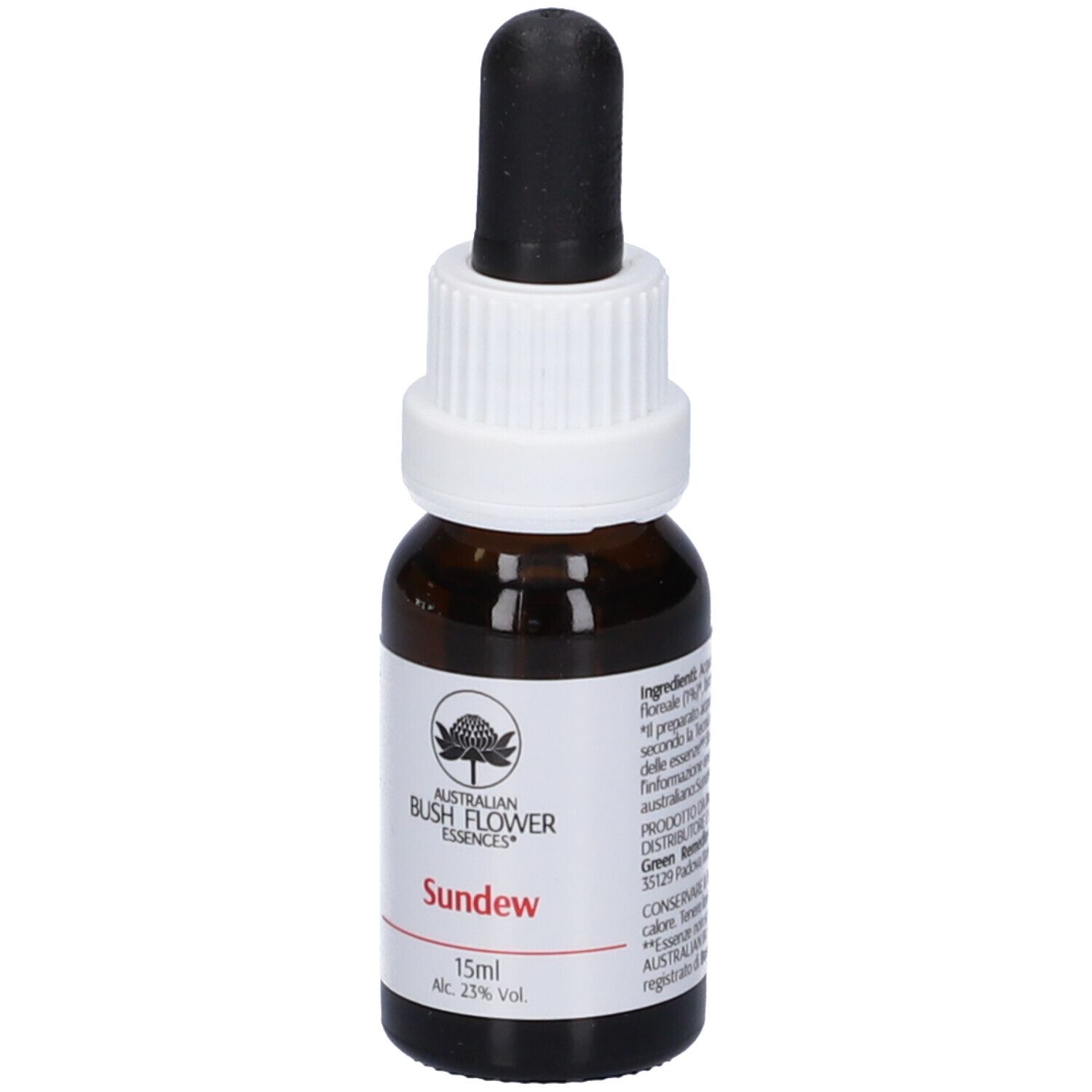 Flacone di vetro marrone con tappo bianco e contagocce nero. Etichetta con nome del prodotto Sundew e logo.