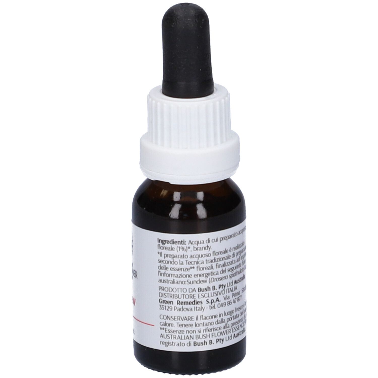 Flacone di vetro marrone con tappo bianco e contagocce nero. Etichetta con ingredienti e informazioni del produttore.