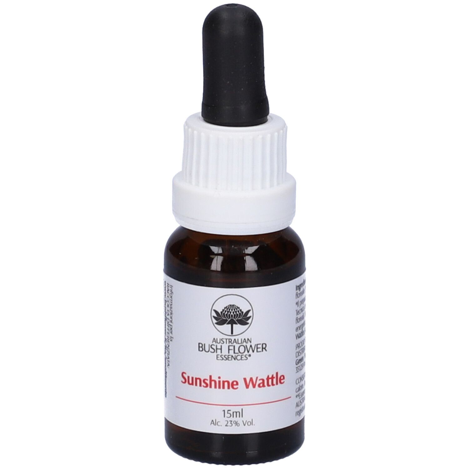 Flacone di vetro marrone con contagocce nero e tappo bianco. Etichetta con nome del prodotto e logo. 15ml, 23% Vol.