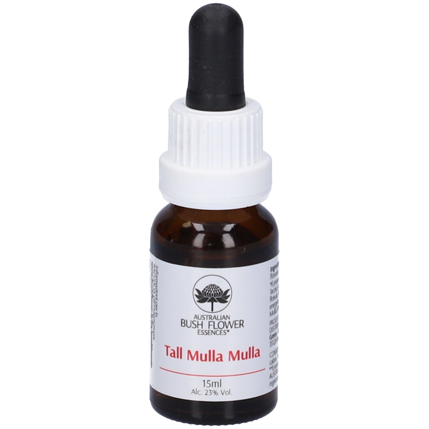 Flacone di vetro marrone con contagocce. Etichetta bianca con nome e logo. 15ml, 23% Vol. Flacone contagocce.