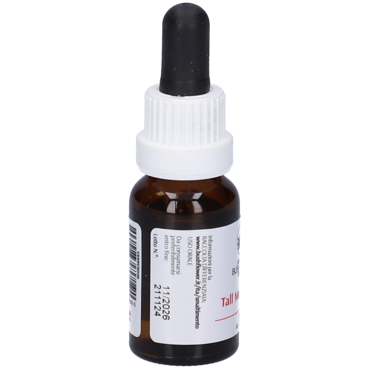 Flacone di vetro marrone con contagocce. Etichetta bianca con informazioni e data di scadenza. 15ml.