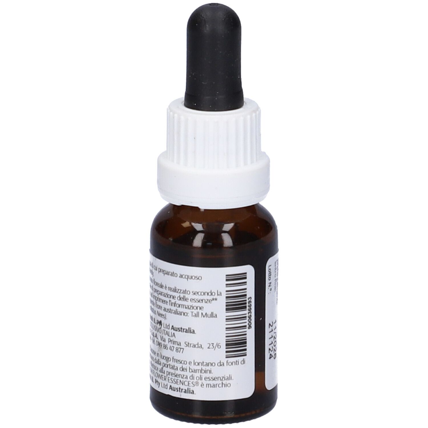 Flacone di vetro marrone con contagocce. Etichetta con informazioni e codice a barre. 15ml.