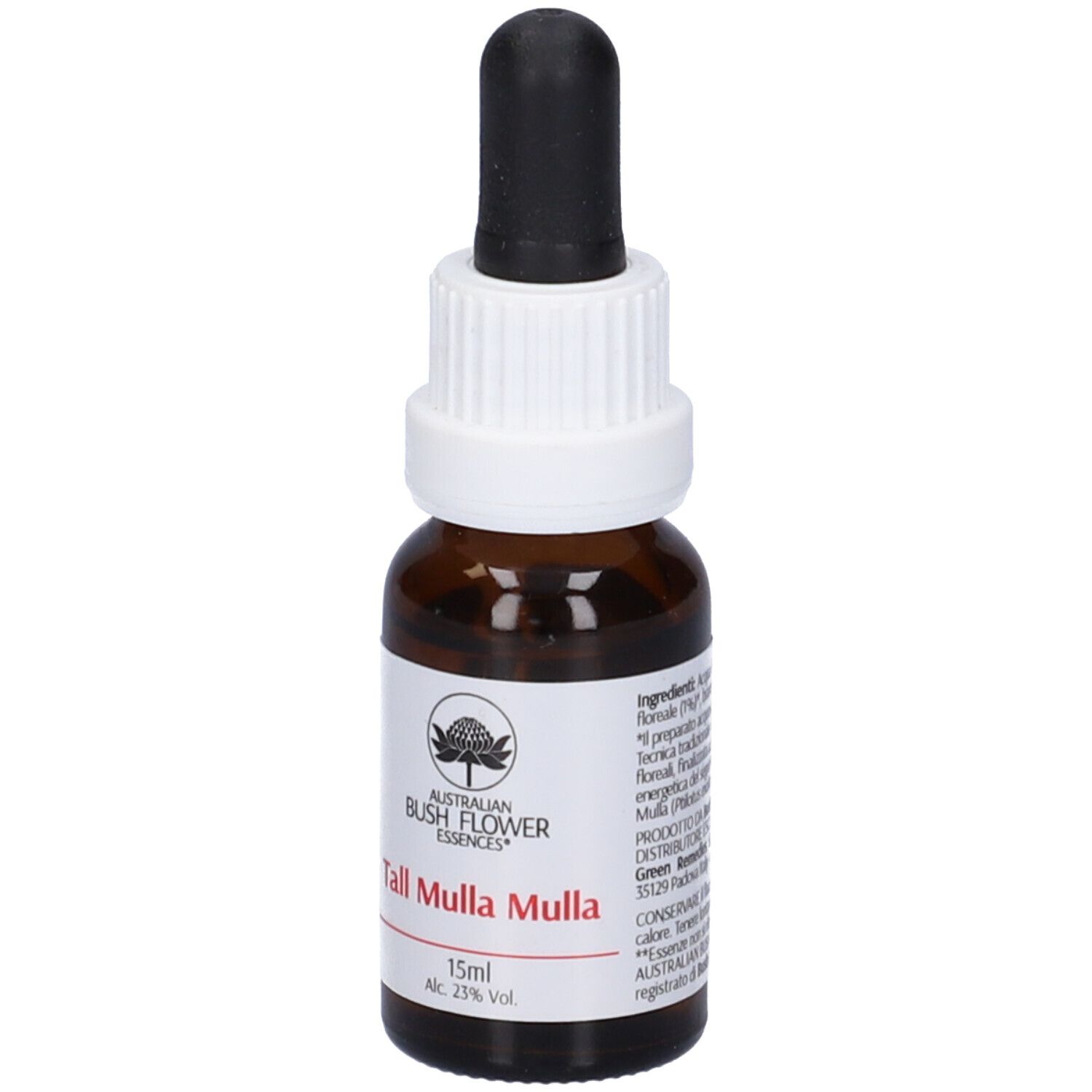 Flacone di vetro marrone con contagocce. Etichetta con nome, logo e ingredienti. 15ml, 23% Vol.