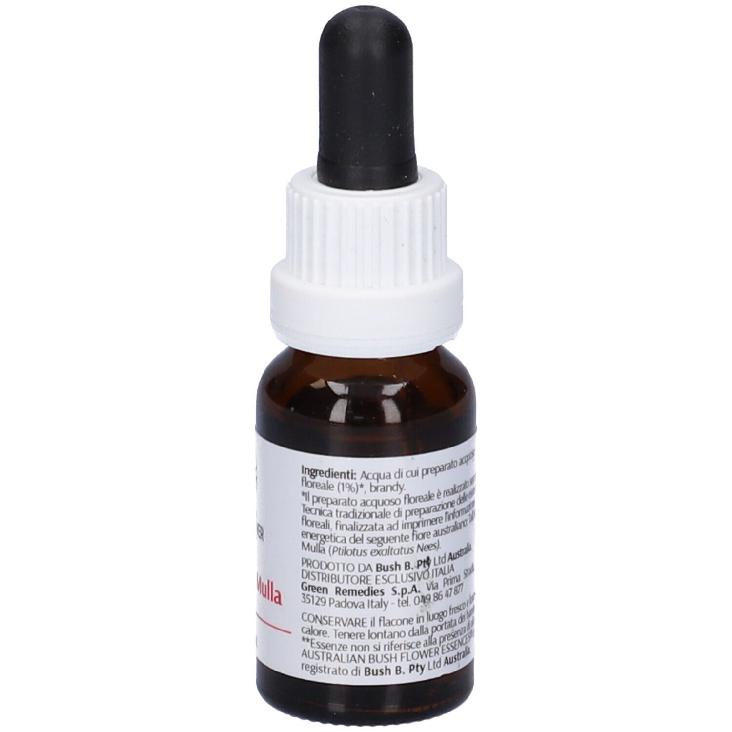 Flacone di vetro marrone con contagocce. Etichetta con nome, logo e ingredienti. 15ml, 23% Vol.