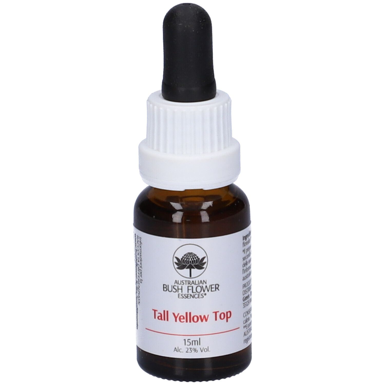 Flacone di vetro marrone con contagocce nero. Scritta: Tall Yellow Top, 15ml, Alc. 23% Vol. Logo.