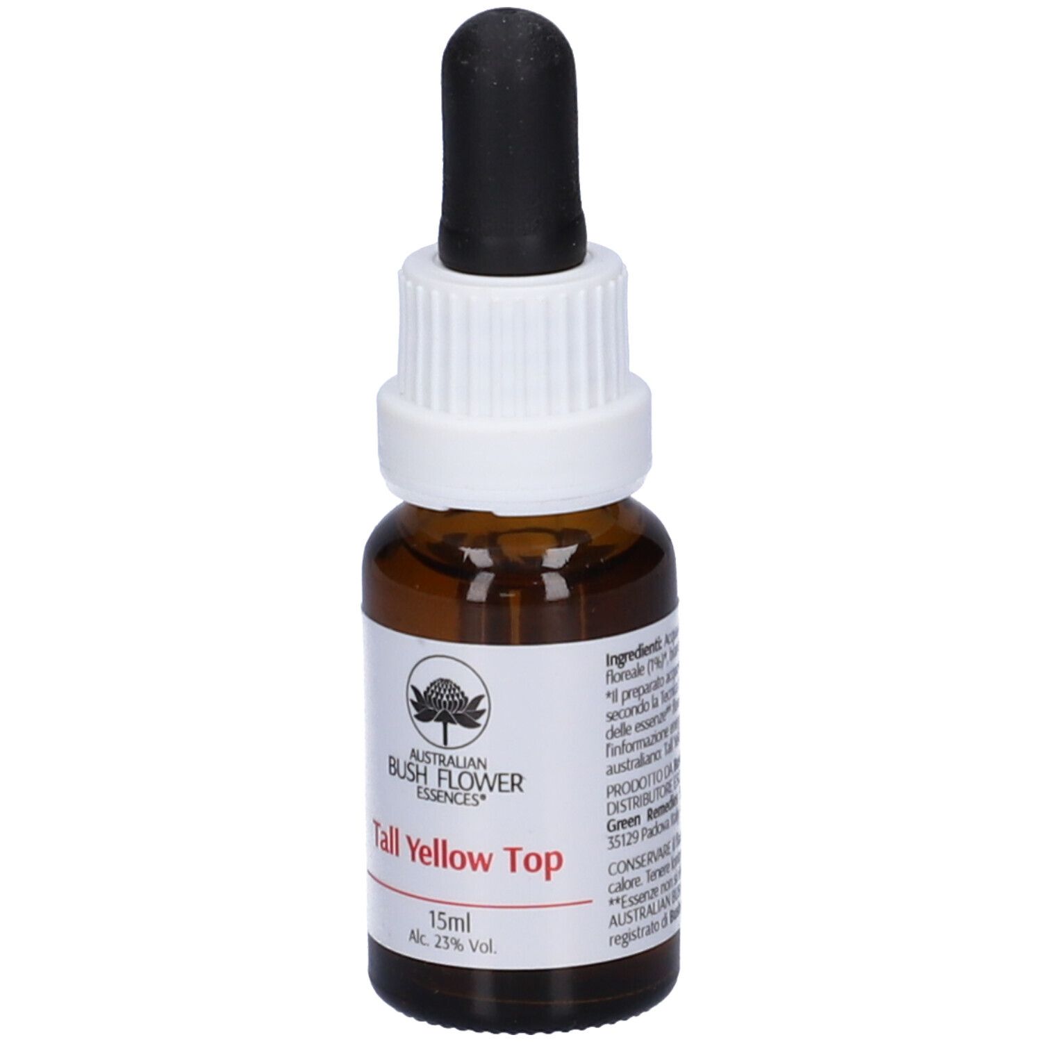 Flacone di vetro marrone con contagocce nero. Scritta: Tall Yellow Top, 15ml, Alc. 23% Vol. Logo.