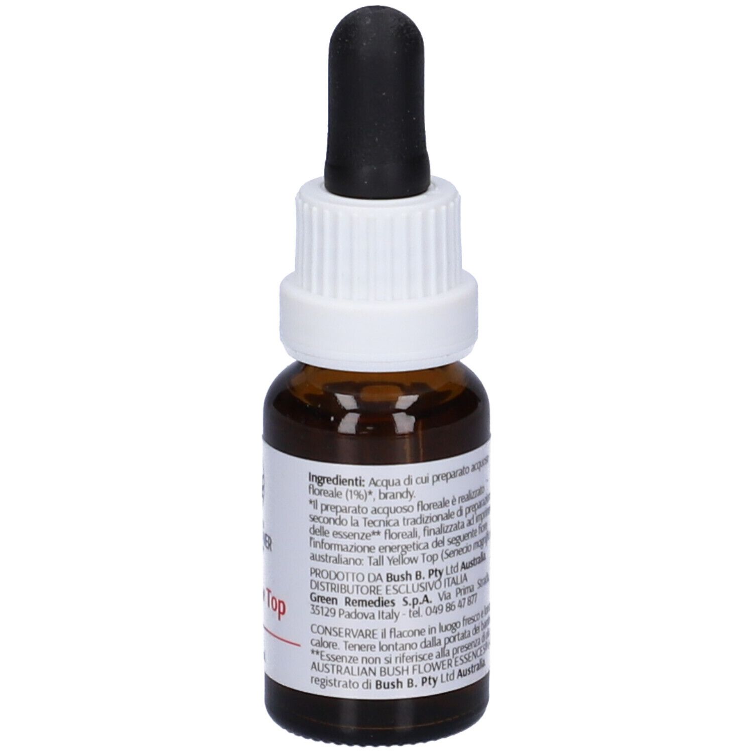 Flacone di vetro marrone con contagocce nero. Scritta: Tall Yellow Top, 15ml, Alc. 23% Vol. Logo.