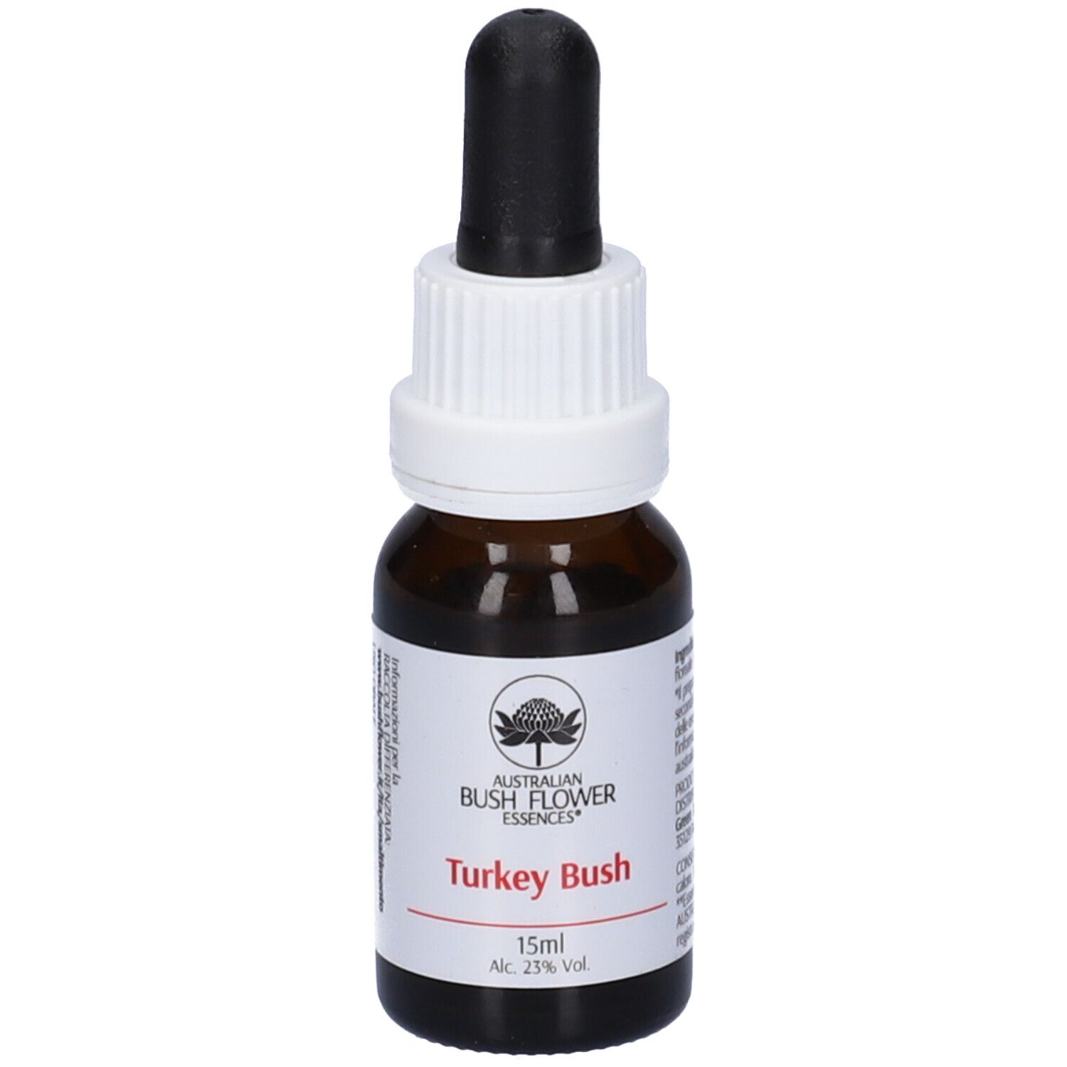 Flacone di vetro marrone con contagocce. Etichetta bianca con logo e nome del prodotto: Turkey Bush. 15ml, 23% vol.