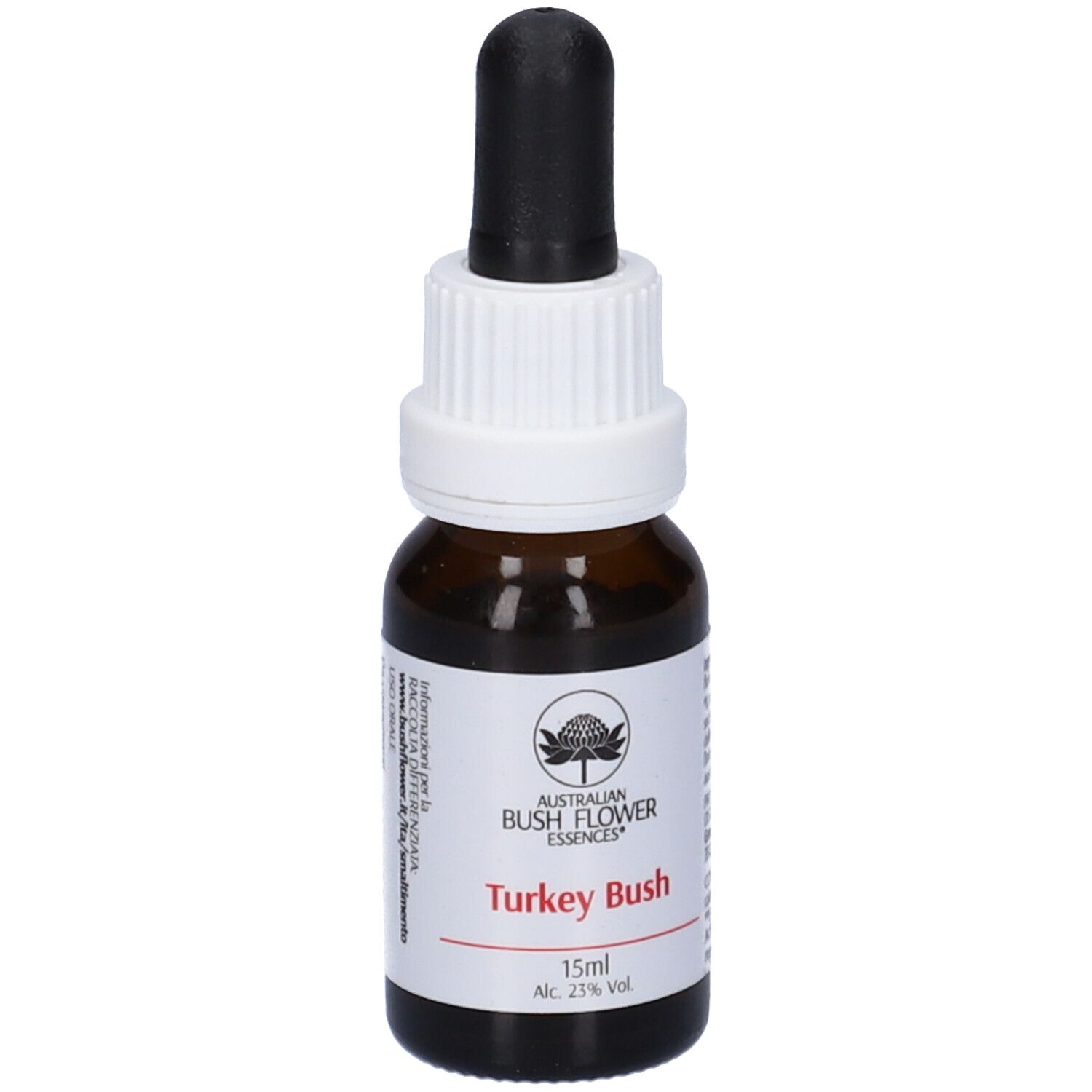 Flacone di vetro marrone con contagocce. Etichetta bianca con logo e nome del prodotto: Turkey Bush. 15ml, 23% vol.