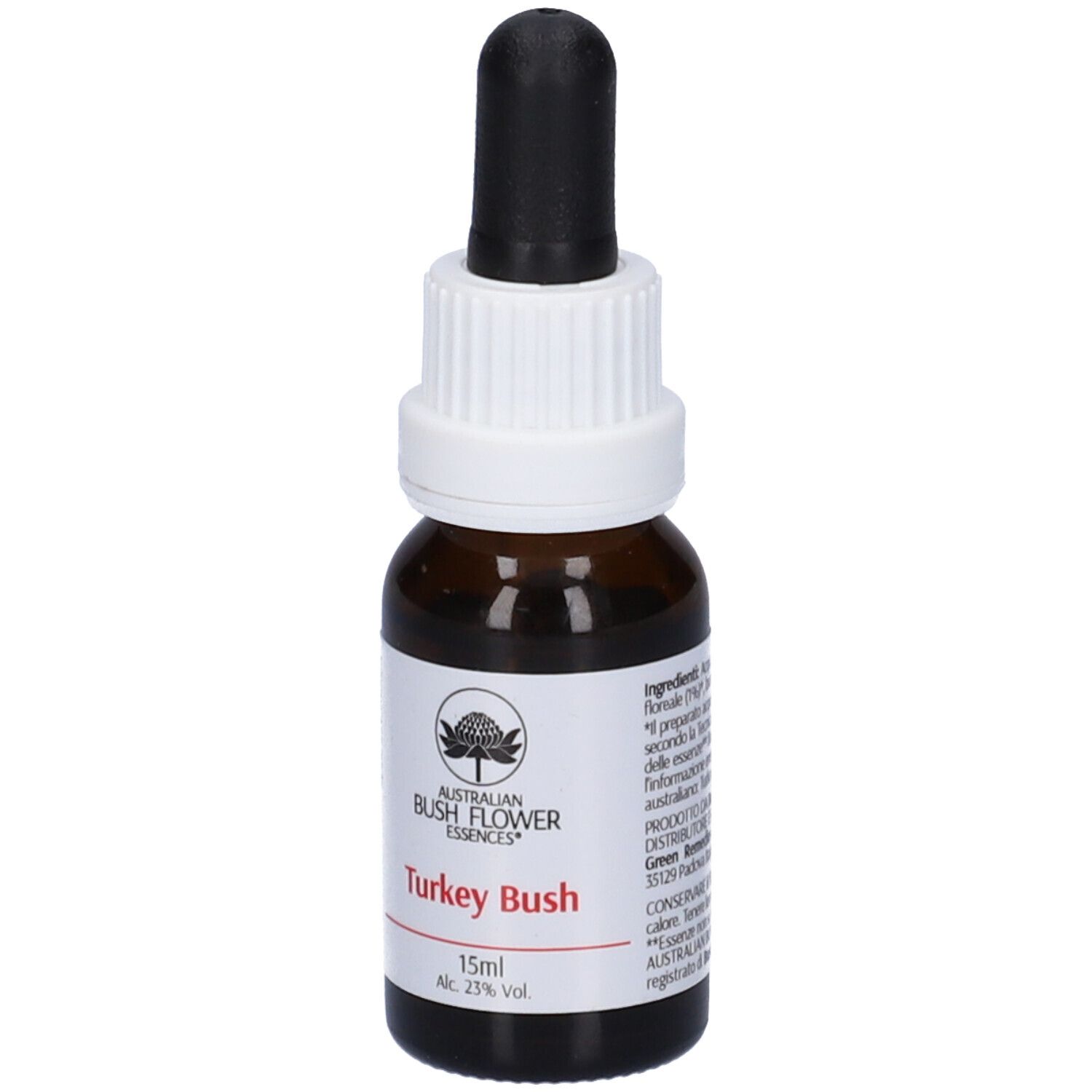 Flacone di vetro marrone con contagocce. Etichetta bianca con logo e nome del prodotto: Turkey Bush. 15ml, 23% vol.