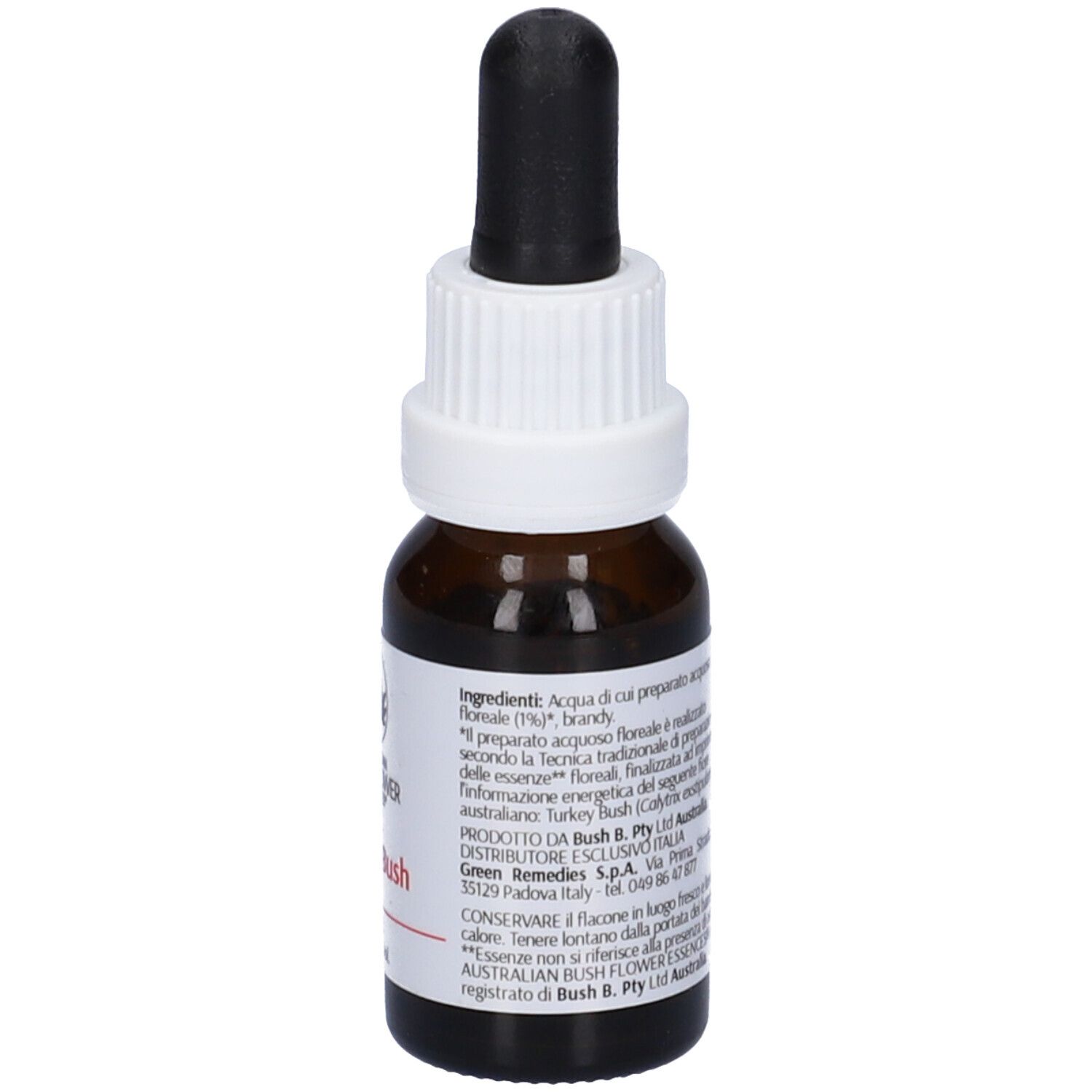 Flacone di vetro marrone con contagocce. Etichetta bianca con ingredienti e nome del prodotto: Turkey Bush. Formato piccolo.