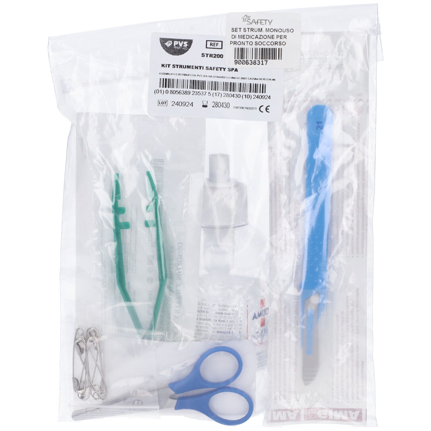 Set di strumenti monouso in plastica. Include pinzette, forbici, spilli di sicurezza e altri strumenti.