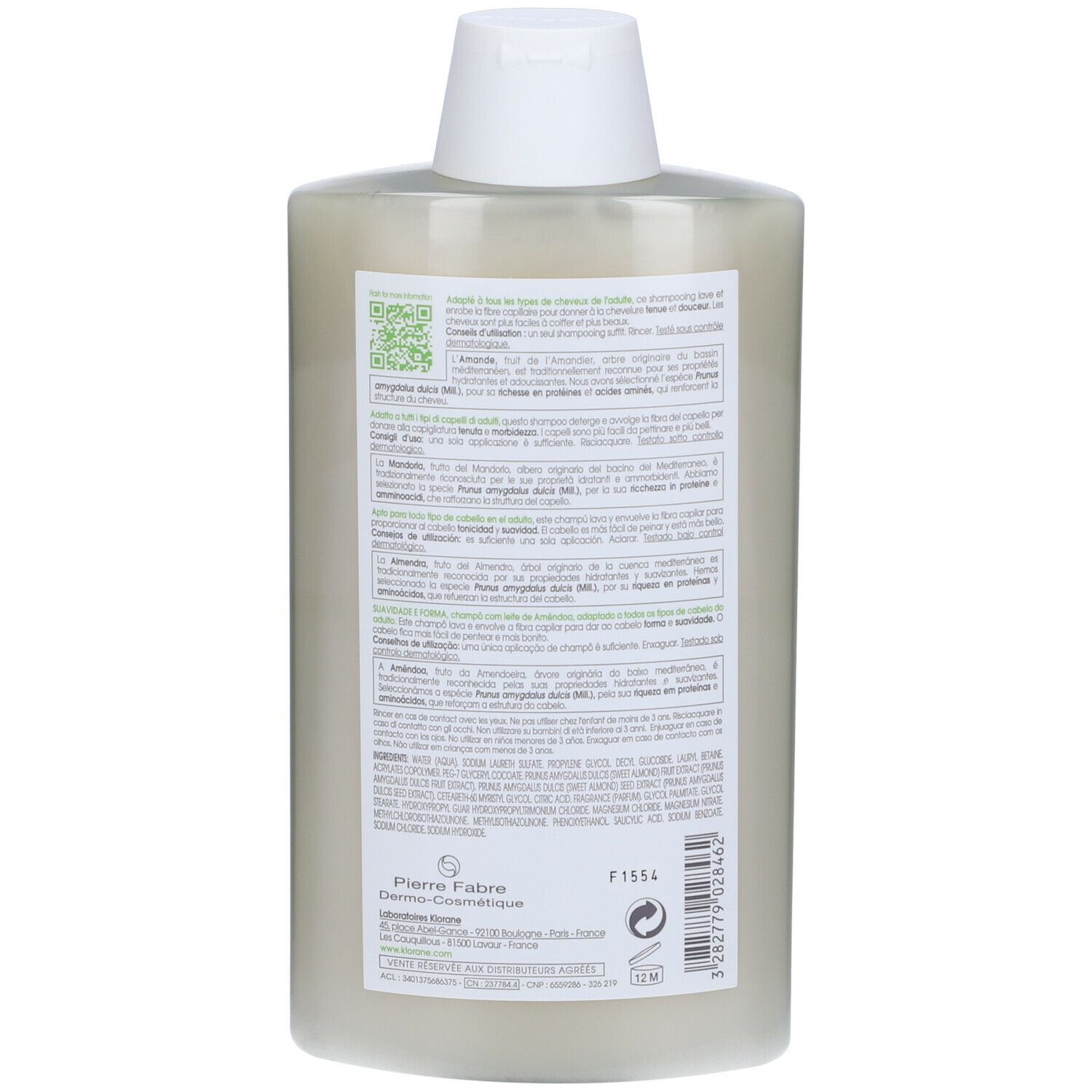 Rückseite der Shampoo-Flasche. Textinformationen, QR-Code, Herstellerlogo Pierre Fabre. Inhaltsstoffe und Anwendungshinweise.