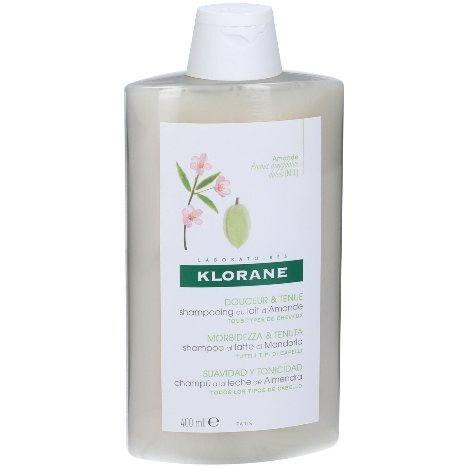 Shampoo-Flasche mit weißem Etikett. Aufschrift: KLORANE, Douceur & Tenue, Shampooing au lait d'Amande, Morbidezza & Tenuta, Suavidad y Tonicidad.