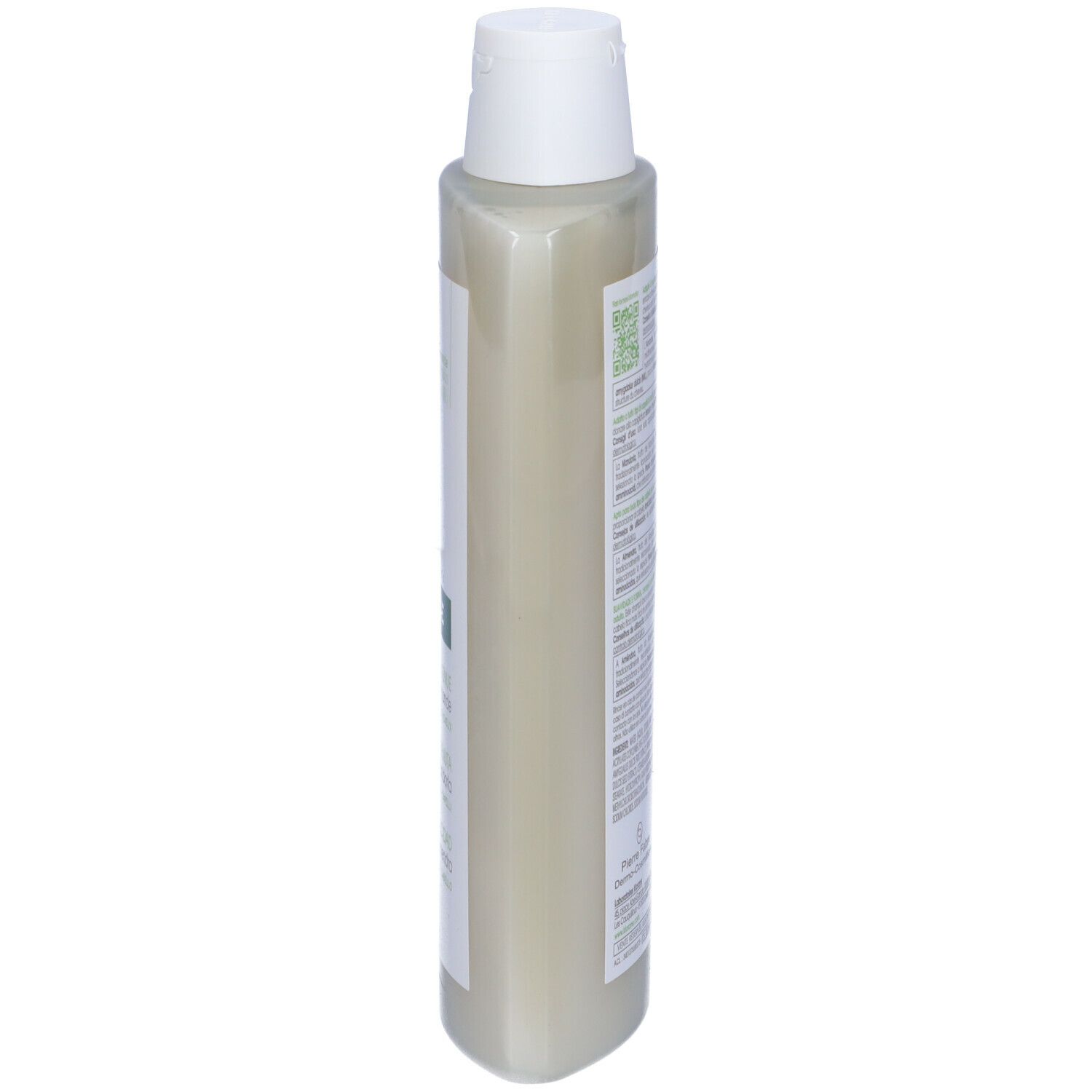 Seitenansicht der Shampoo-Flasche. Aufschrift: KLORANE, Douceur & Tenue, Shampooing au lait d'Amande, Morbidezza & Tenuta, Suavidad y Tonicidad.