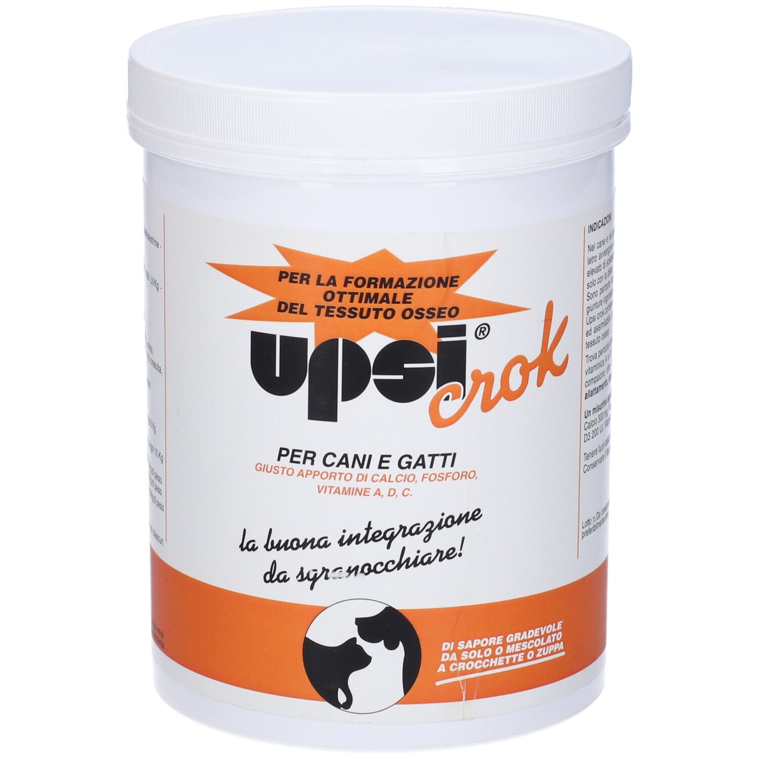 Contenitore bianco con etichetta arancione. Scritta: Upsicrok, per cani e gatti. Testo e logo.