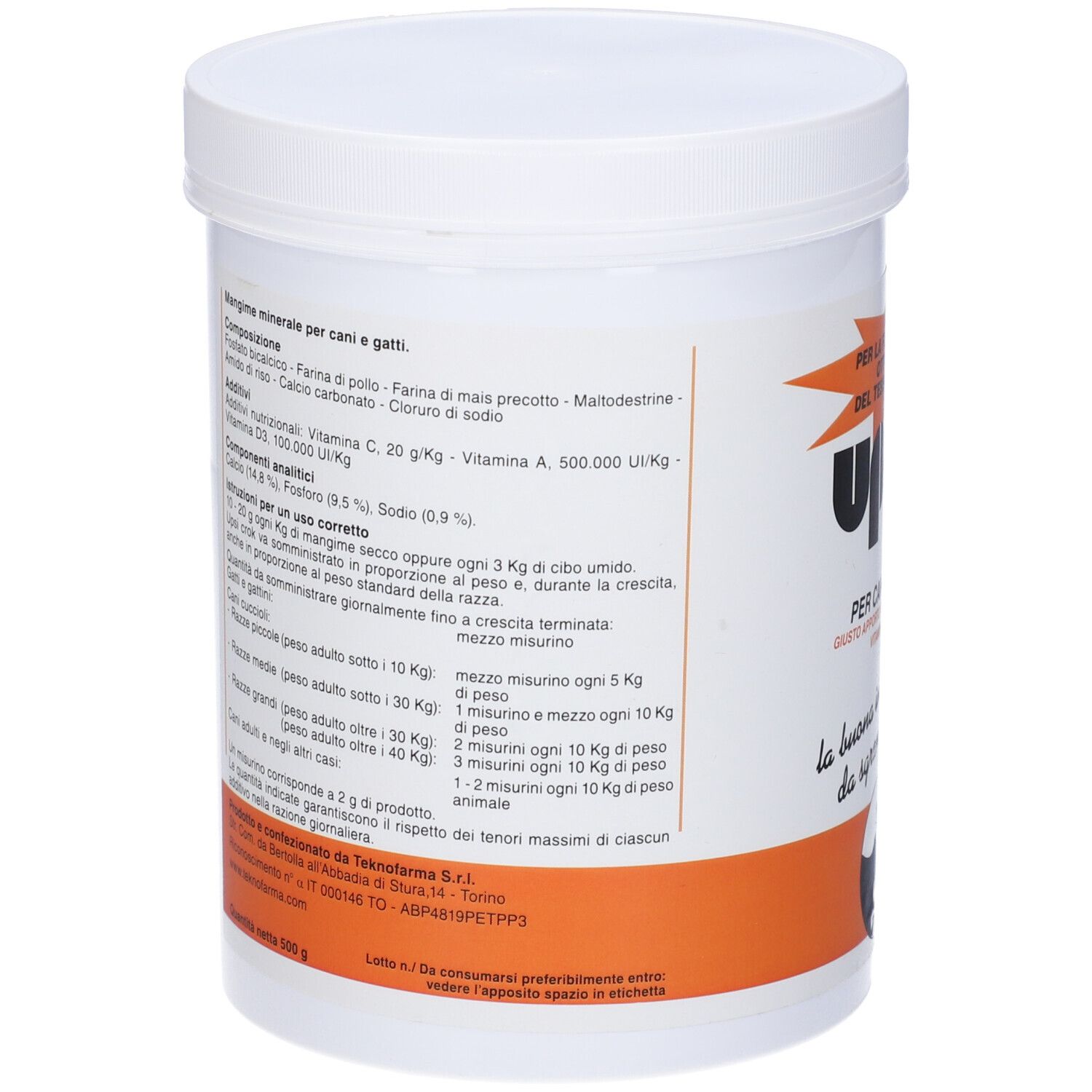 Contenitore bianco con etichetta arancione. Scritta: Upsicrok, per cani e gatti. Testo e logo.