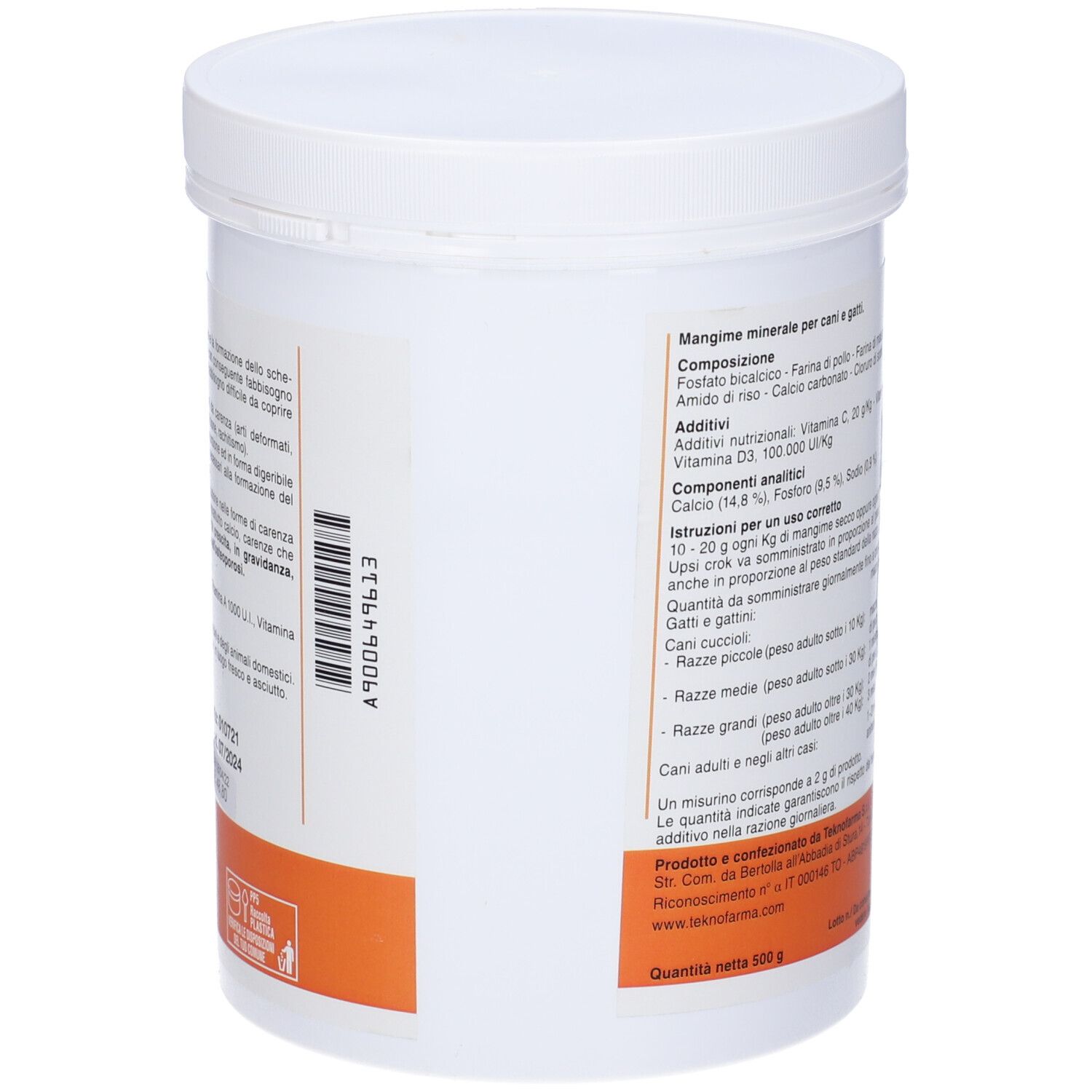 Contenitore bianco con etichetta arancione. Scritta: Upsicrok, per cani e gatti. Testo e logo.