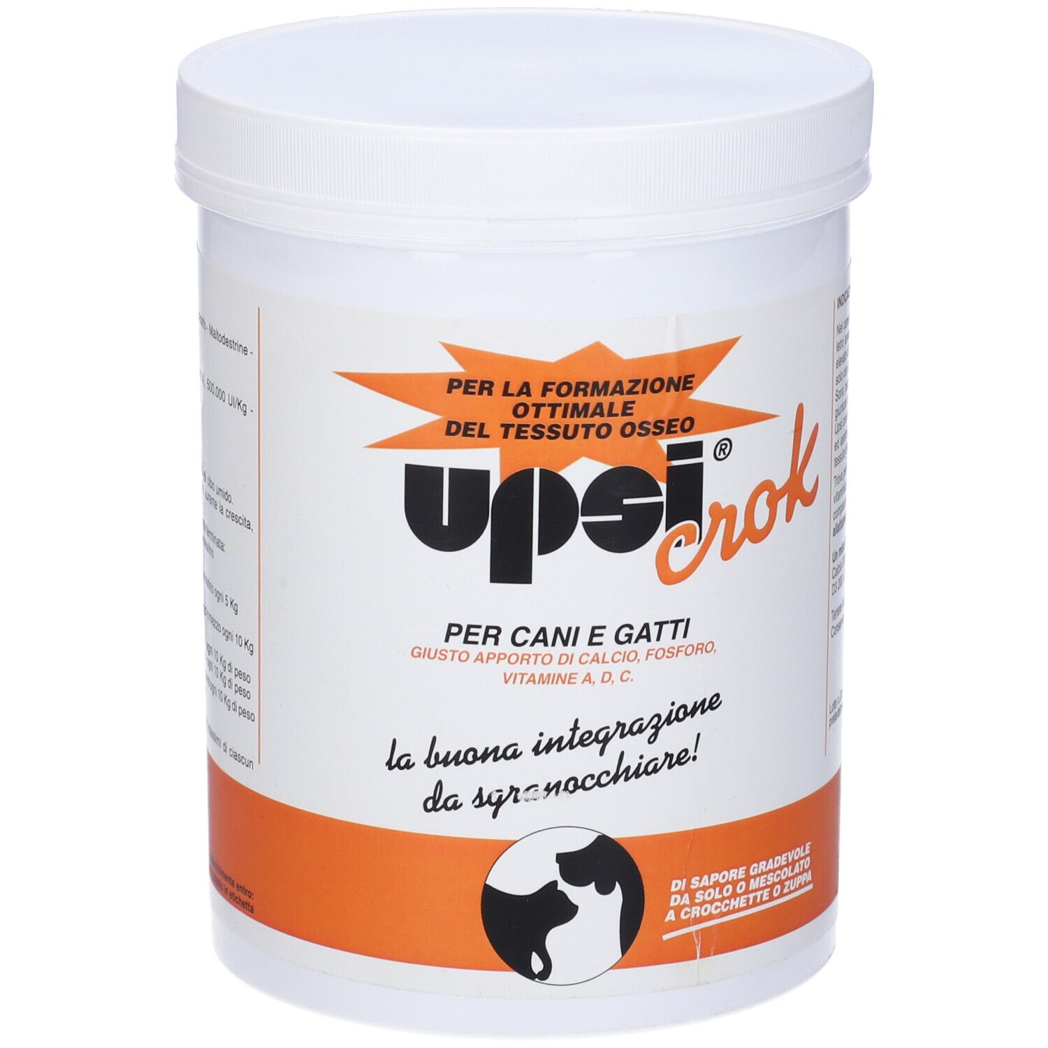 Contenitore bianco con etichetta arancione. Scritta: Upsicrok, per cani e gatti. Testo e logo.