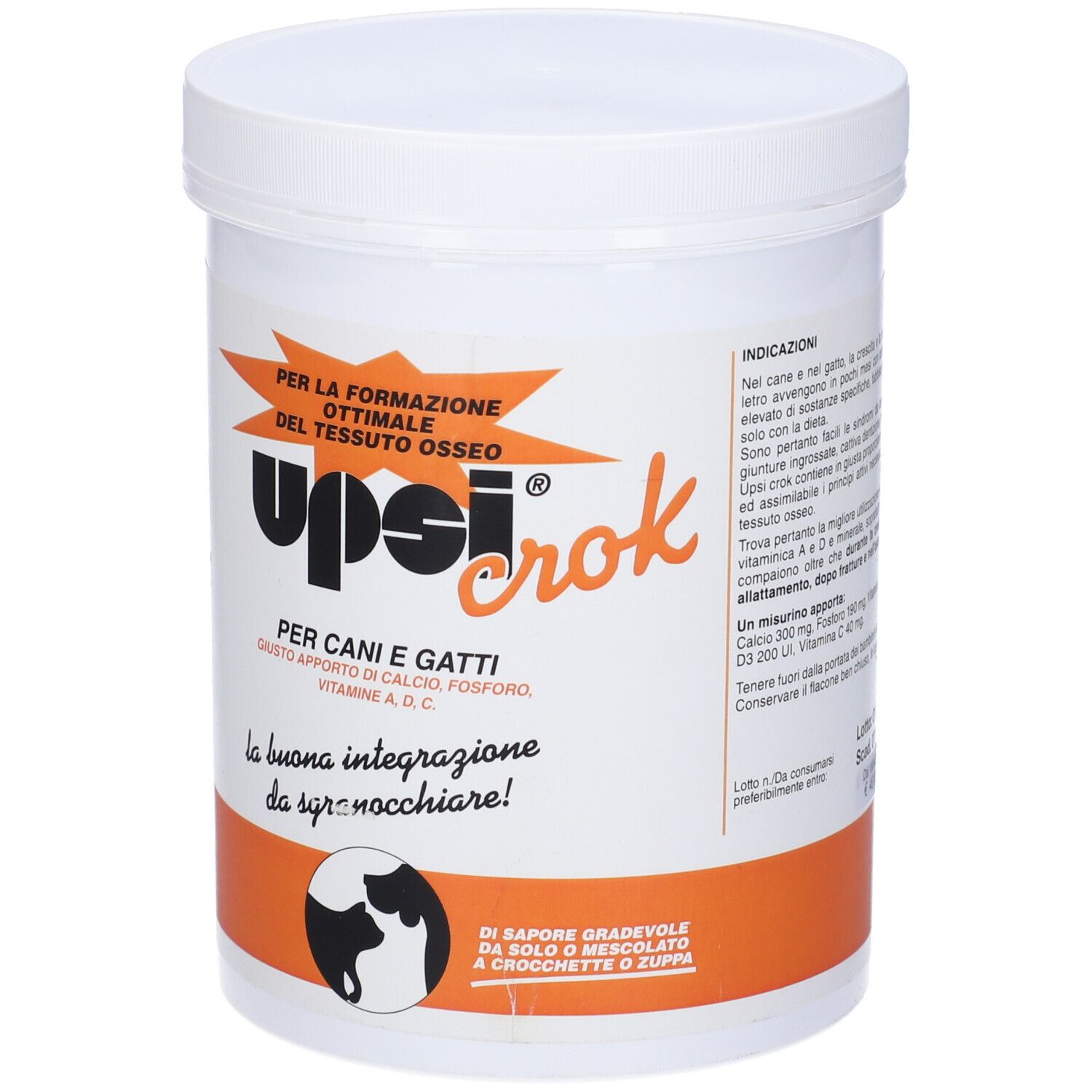 Contenitore bianco con etichetta arancione. Scritta: Upsicrok, per cani e gatti. Testo e logo.