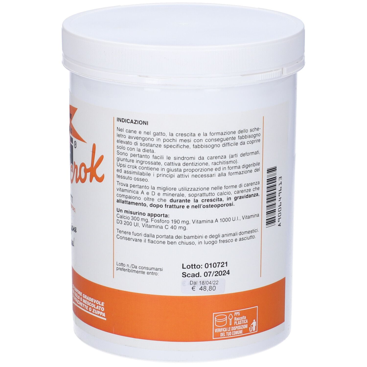 Contenitore bianco con etichetta arancione. Scritta: Upsicrok, per cani e gatti. Testo e logo.