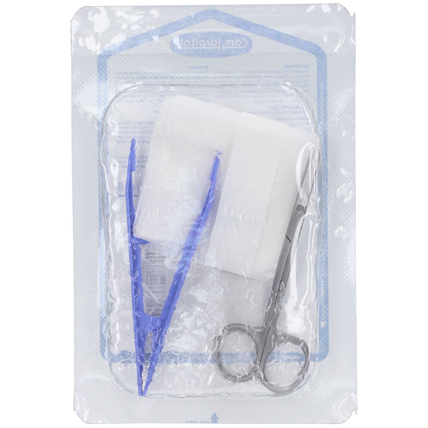 Kit per rimozione suture confezionato. Include pinzetta, forbici e compresse.