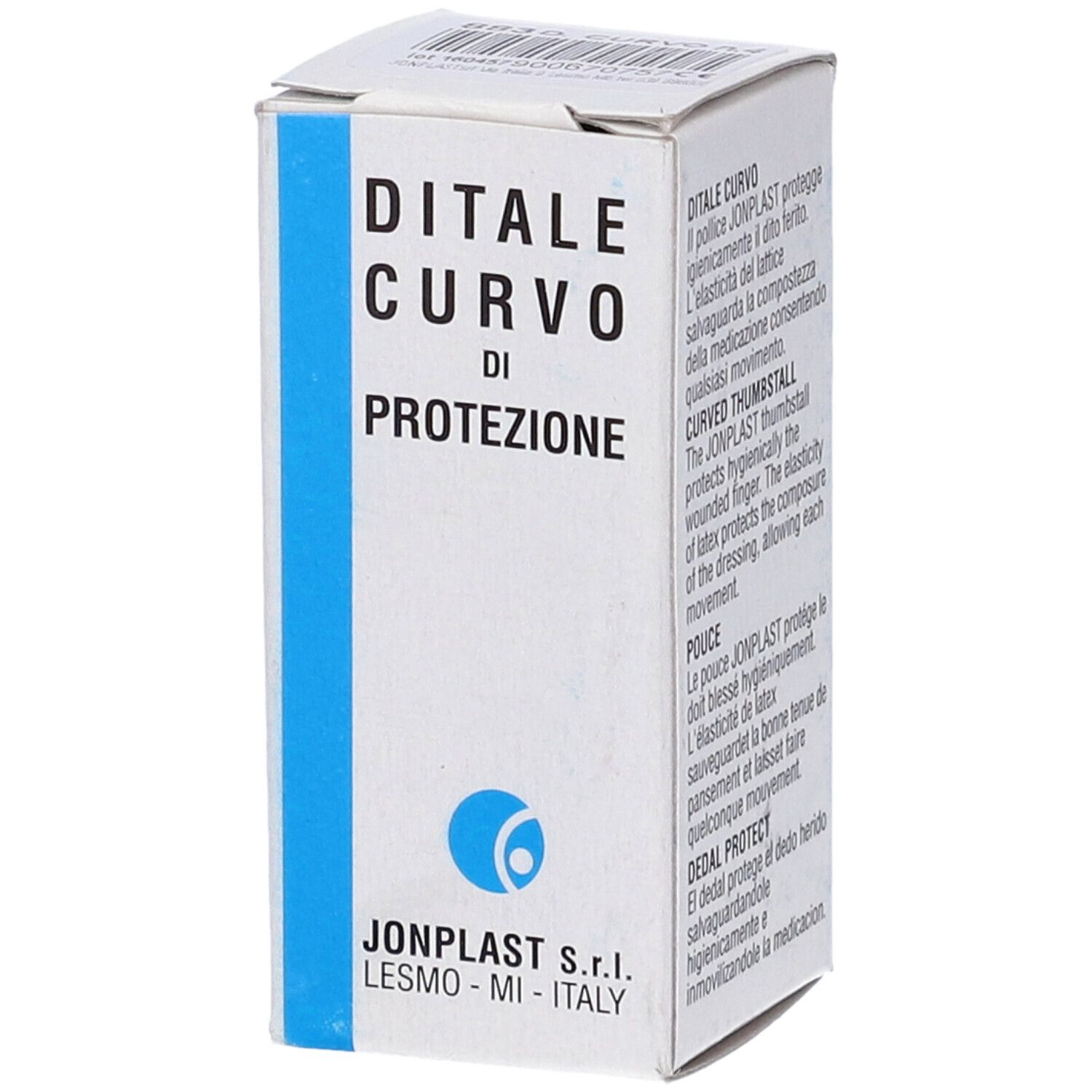 Scatola Ditale Curvo di Protezione. Confezione bianca e blu con nome prodotto e logo. Testo in italiano e inglese.