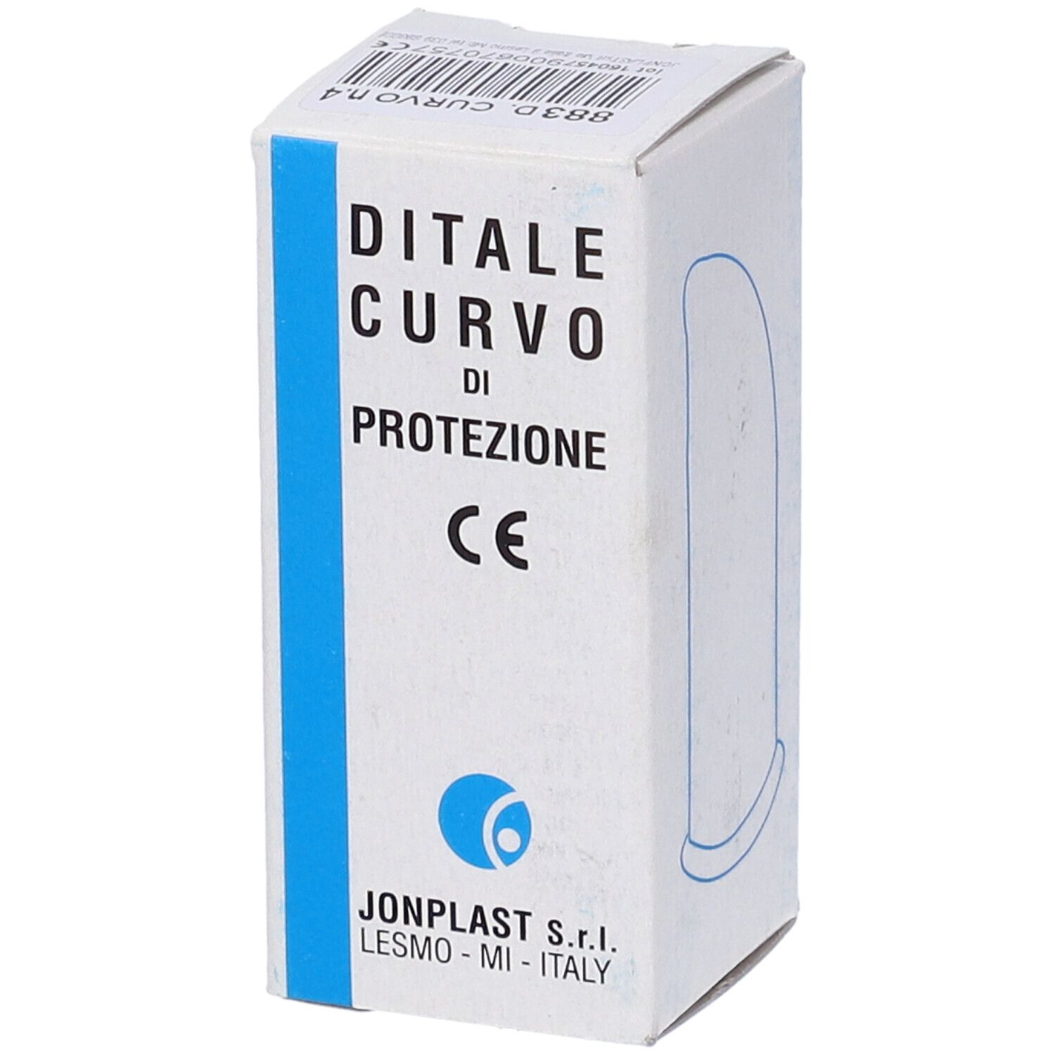 Scatola bianca con contorno blu di un ditale. Nome prodotto Ditale Curvo di Protezione. Marchio CE e logo.