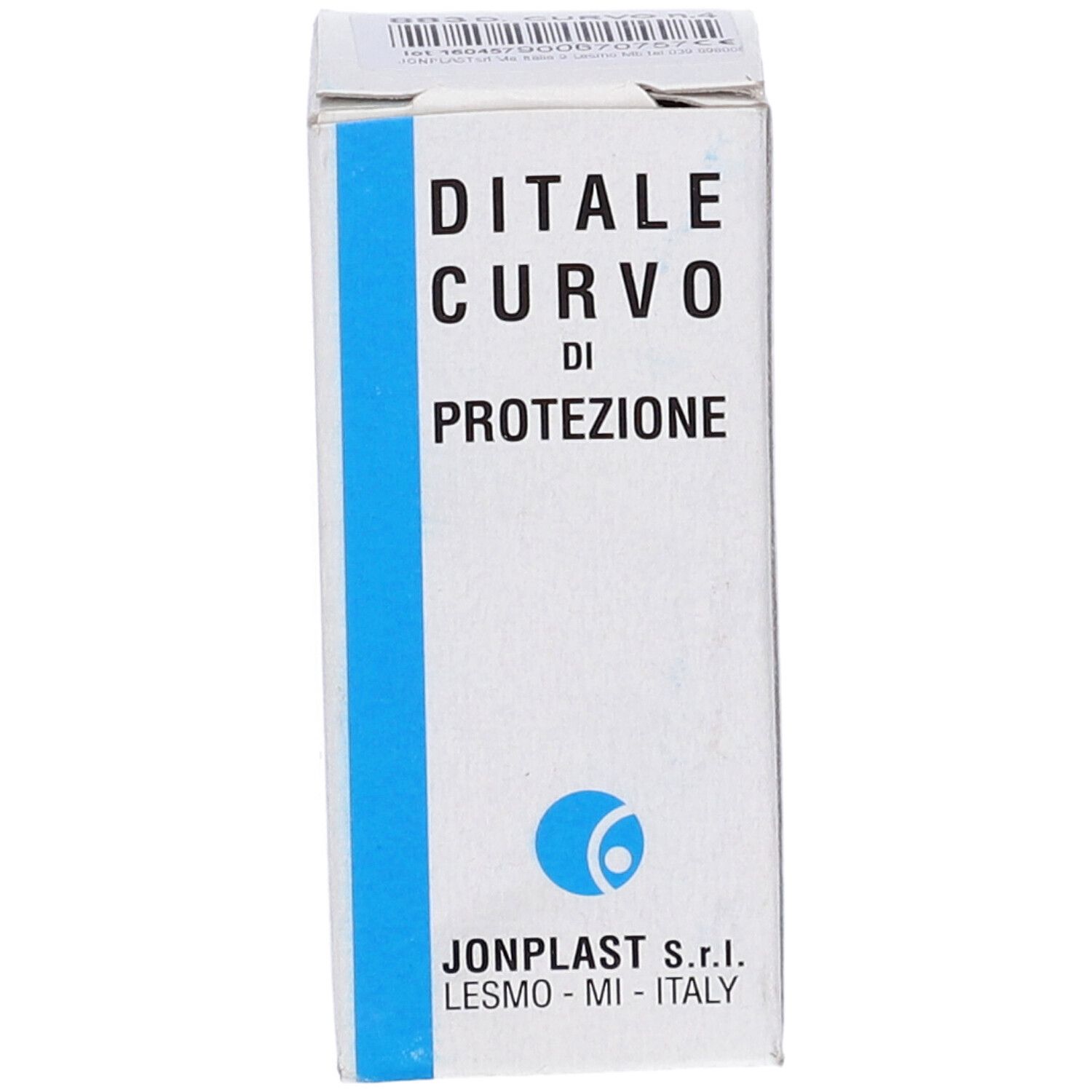 Scatola bianca con fascia blu. Nome prodotto Ditale Curvo di Protezione. Logo e nome azienda.