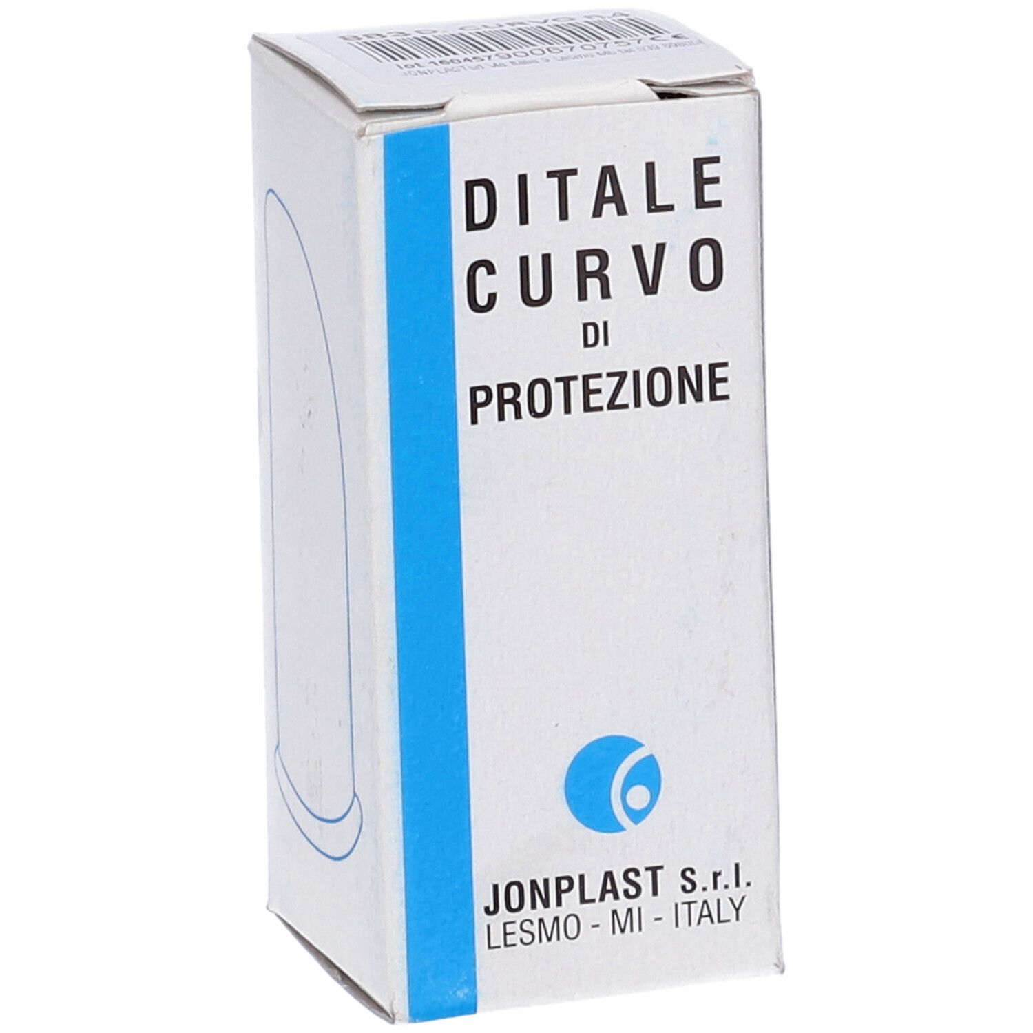 Scatola bianca con fascia blu. Nome prodotto Ditale Curvo di Protezione. Logo e nome azienda.