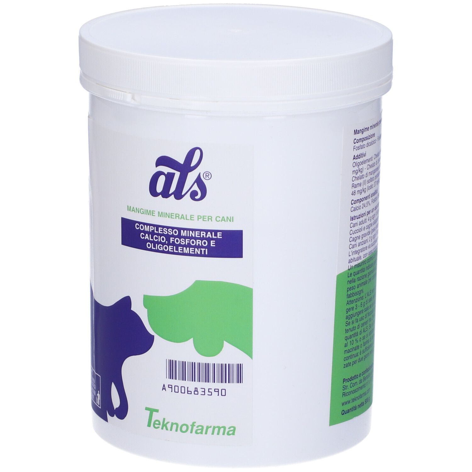 Contenitore bianco con coperchio. Scritta 'als' e 'Mangime minerale per cani'. Logo cane e gatto. Codice a barre.