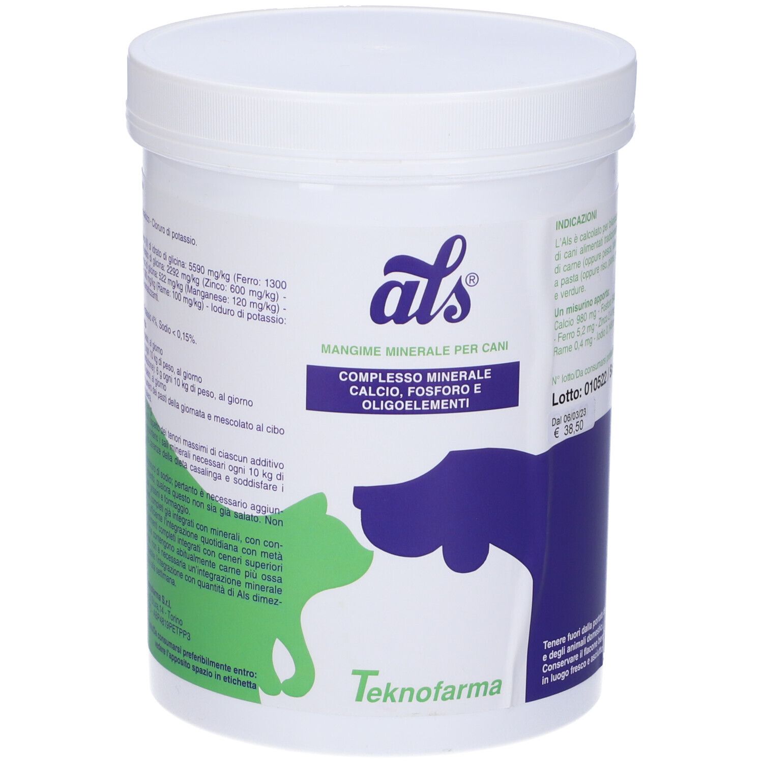 Contenitore bianco con coperchio. Scritta 'als' e 'Mangime minerale per cani'. Logo cane e gatto. Testo.