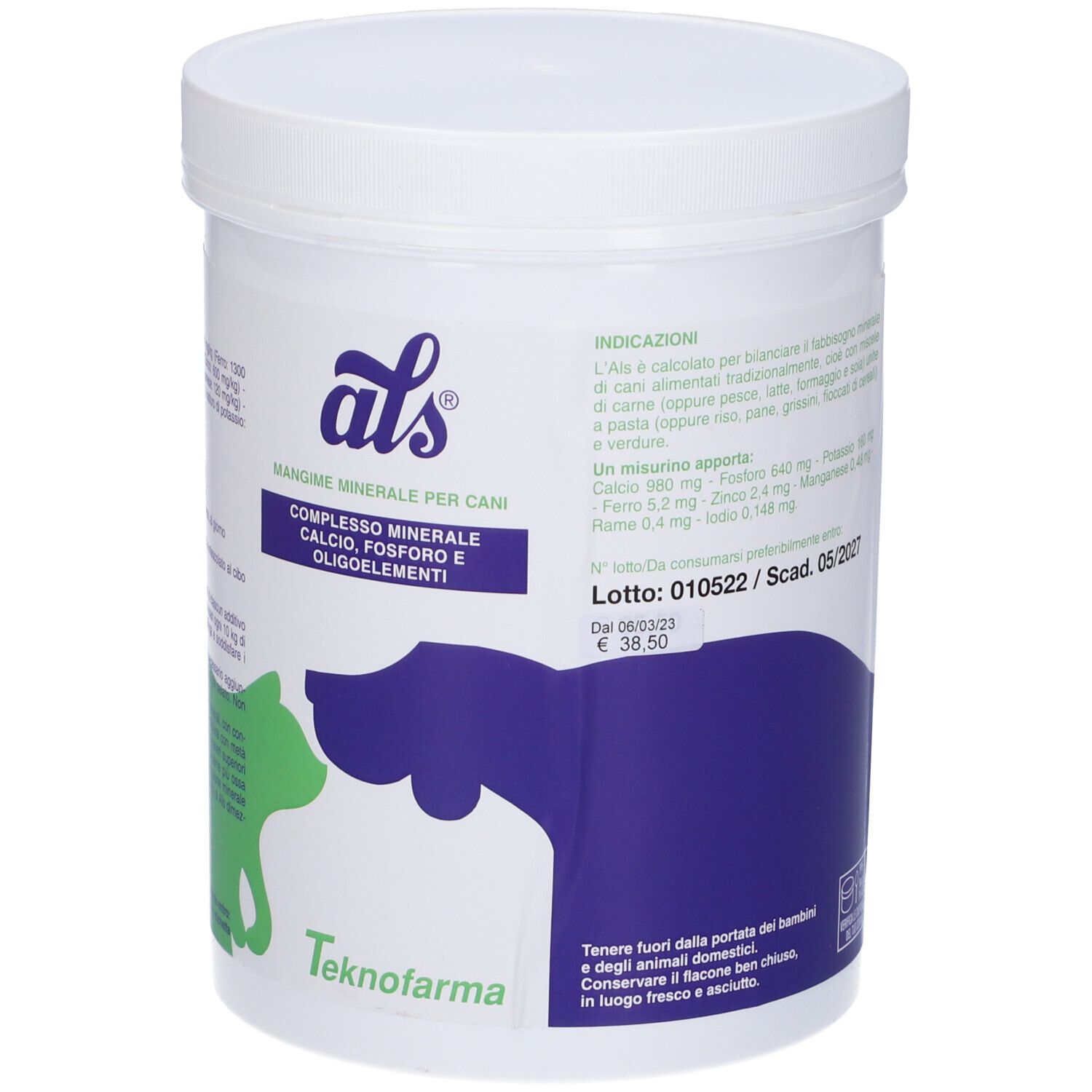 Contenitore bianco con coperchio. Scritta 'als' e 'Mangime minerale per cani'. Logo cane e gatto. Testo.