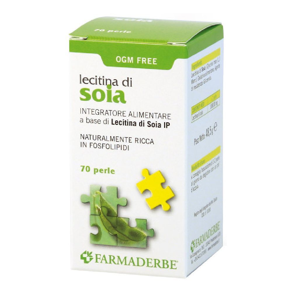 Scatola di integratore alimentare "Lecitina di Soia". Scritta "70 perle". Confezione verde e bianca con logo e testo.