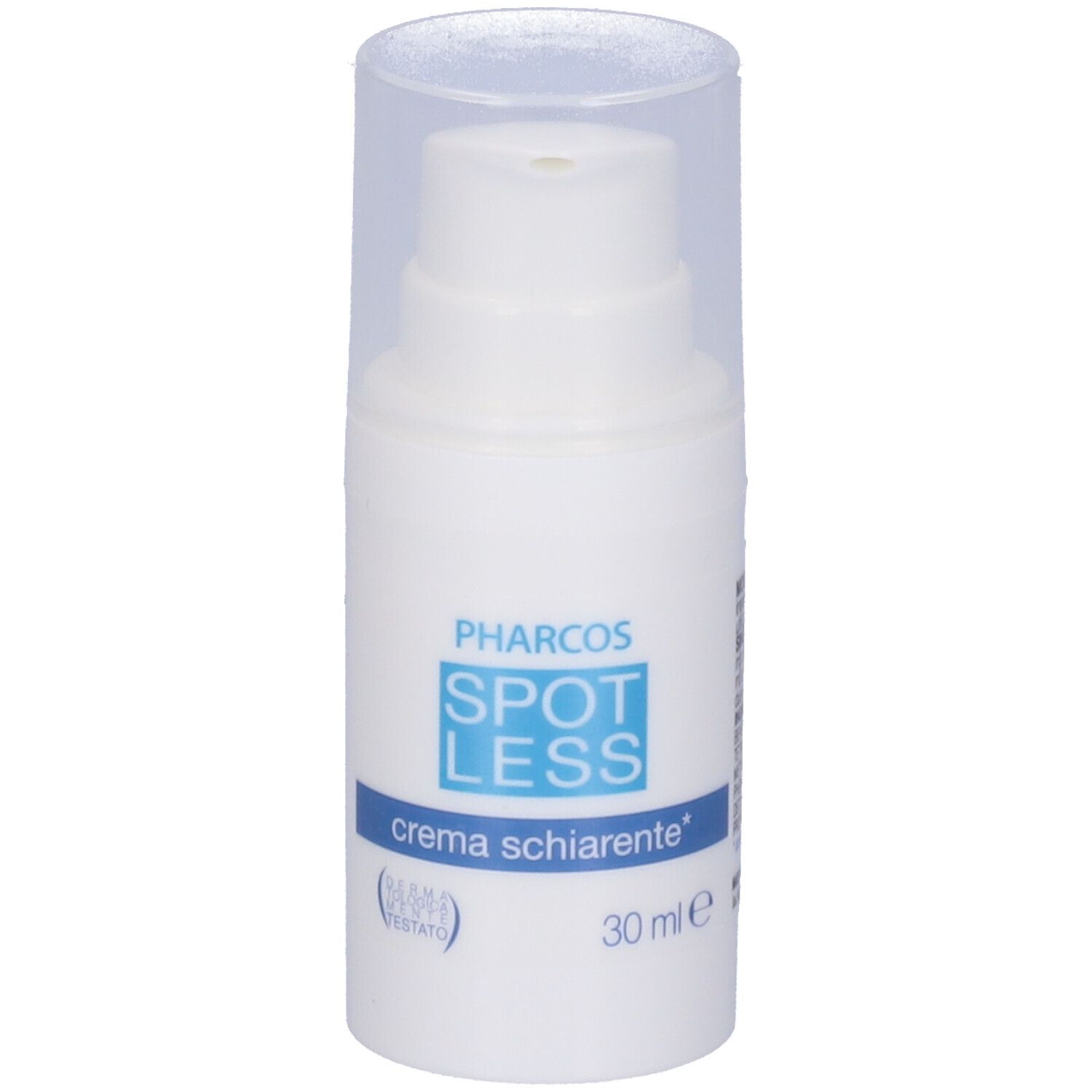 Flacone bianco con dosatore a pompa. Scritta: Pharcos Spotless, crema schiarente, 30 ml.
